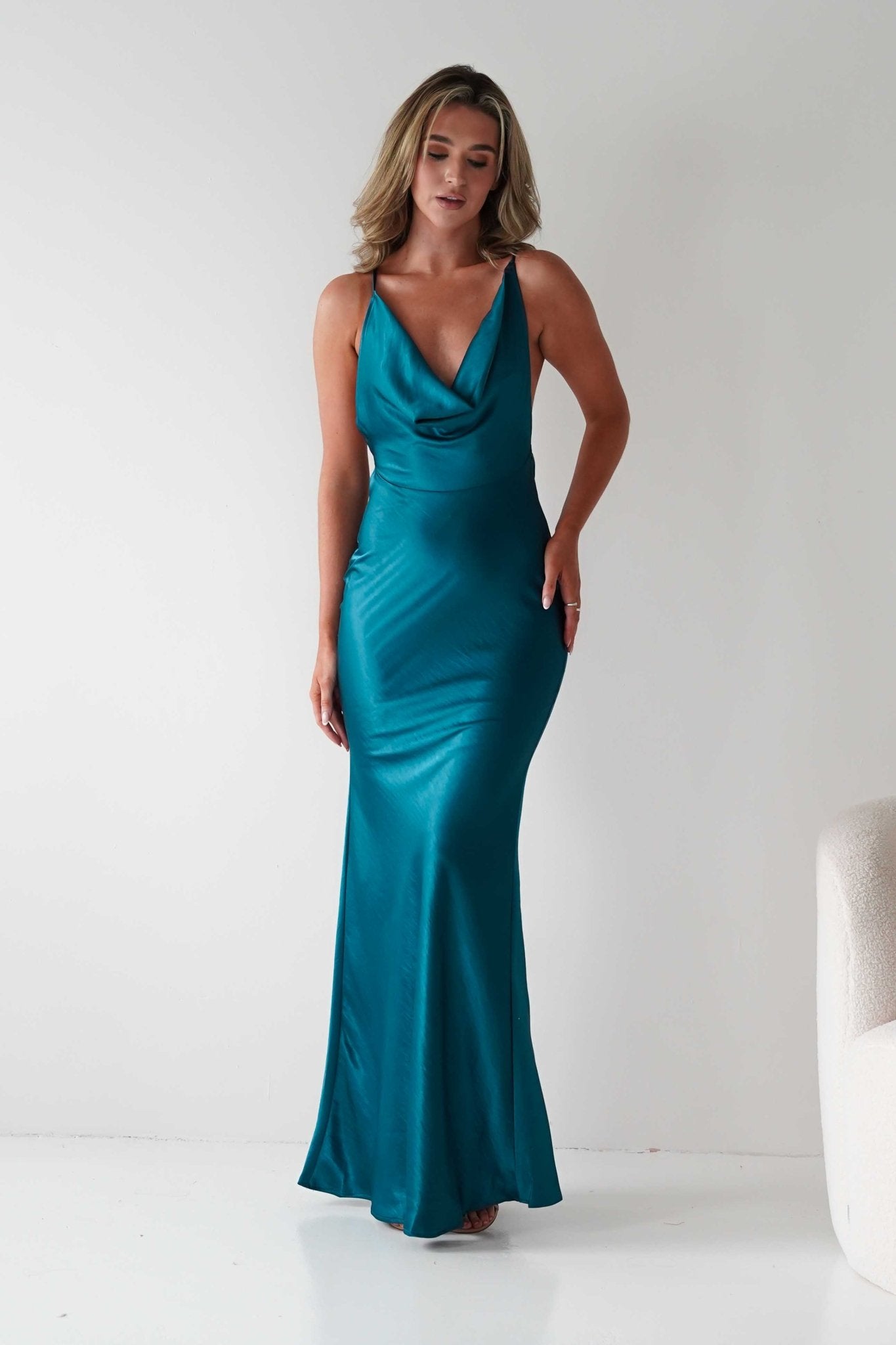 Helga Soft Satin Drape Maxi Dress | Teal | Oh Hello Clothing | S (8)