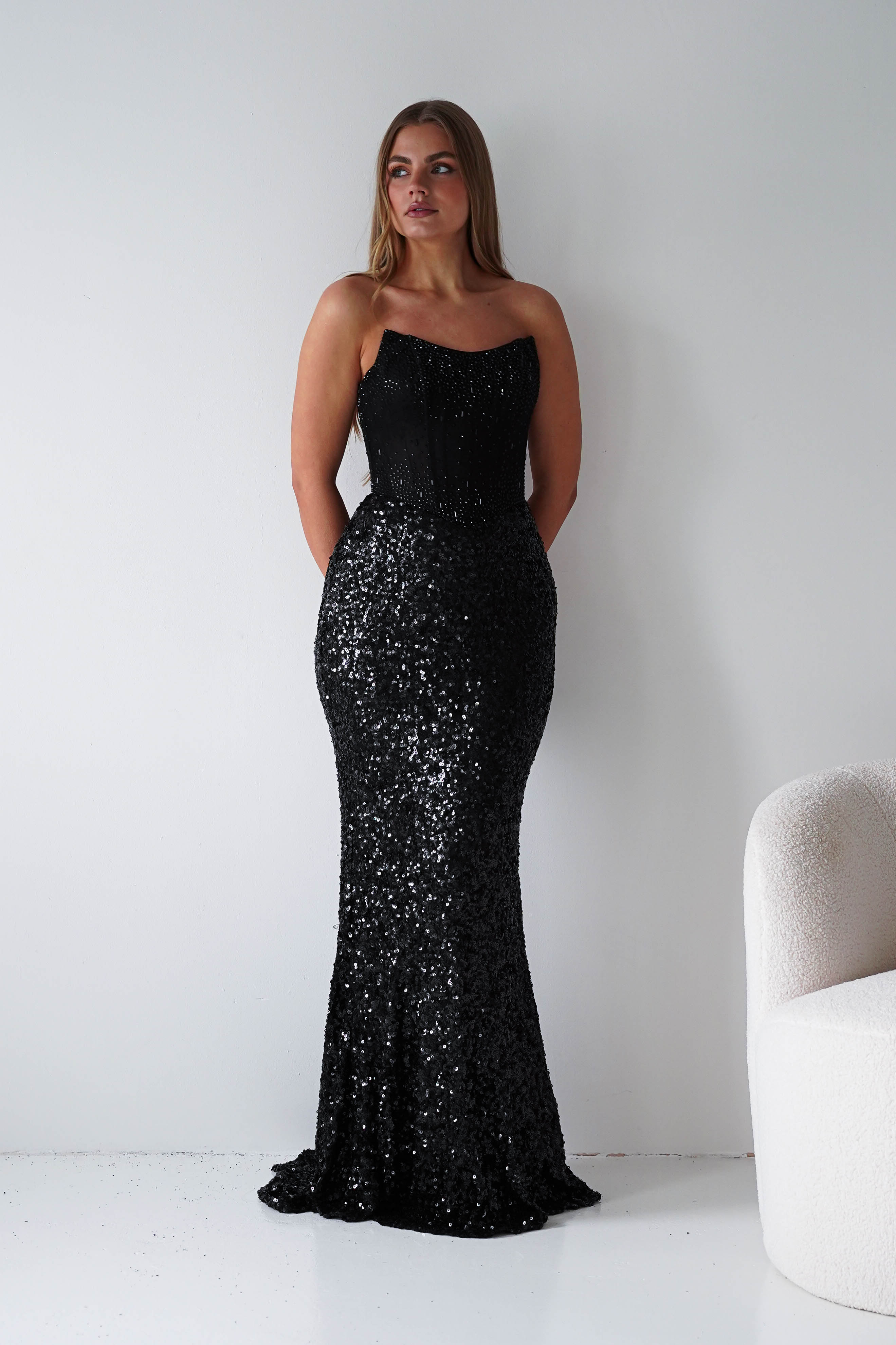 Oh Hello Clothing Women > Clothing > Dresses Henrietta Strapless Corset Sequin Gown | Black
