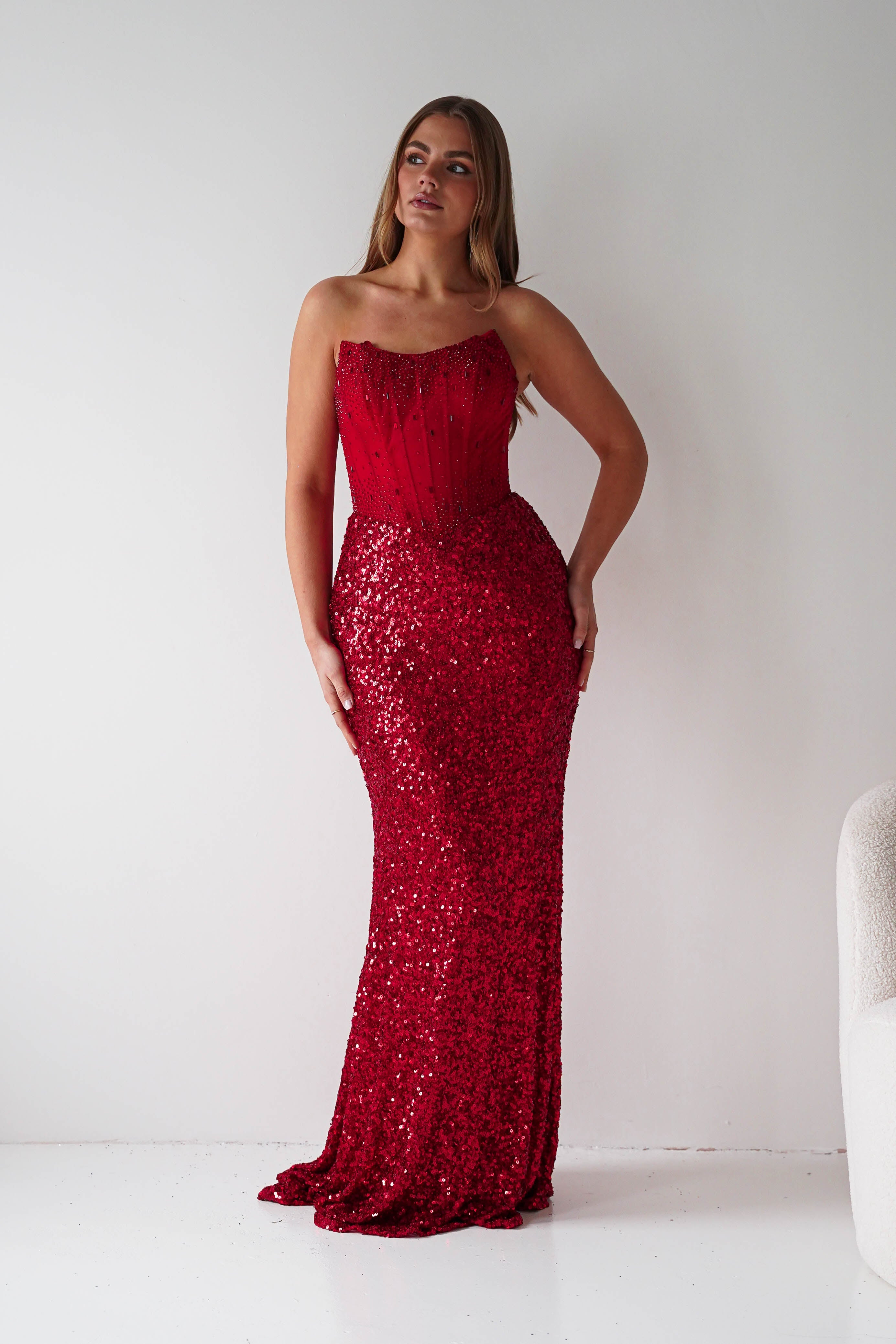 Oh Hello Clothing Women > Clothing > Dresses Henrietta Strapless Corset Sequin Gown | Red