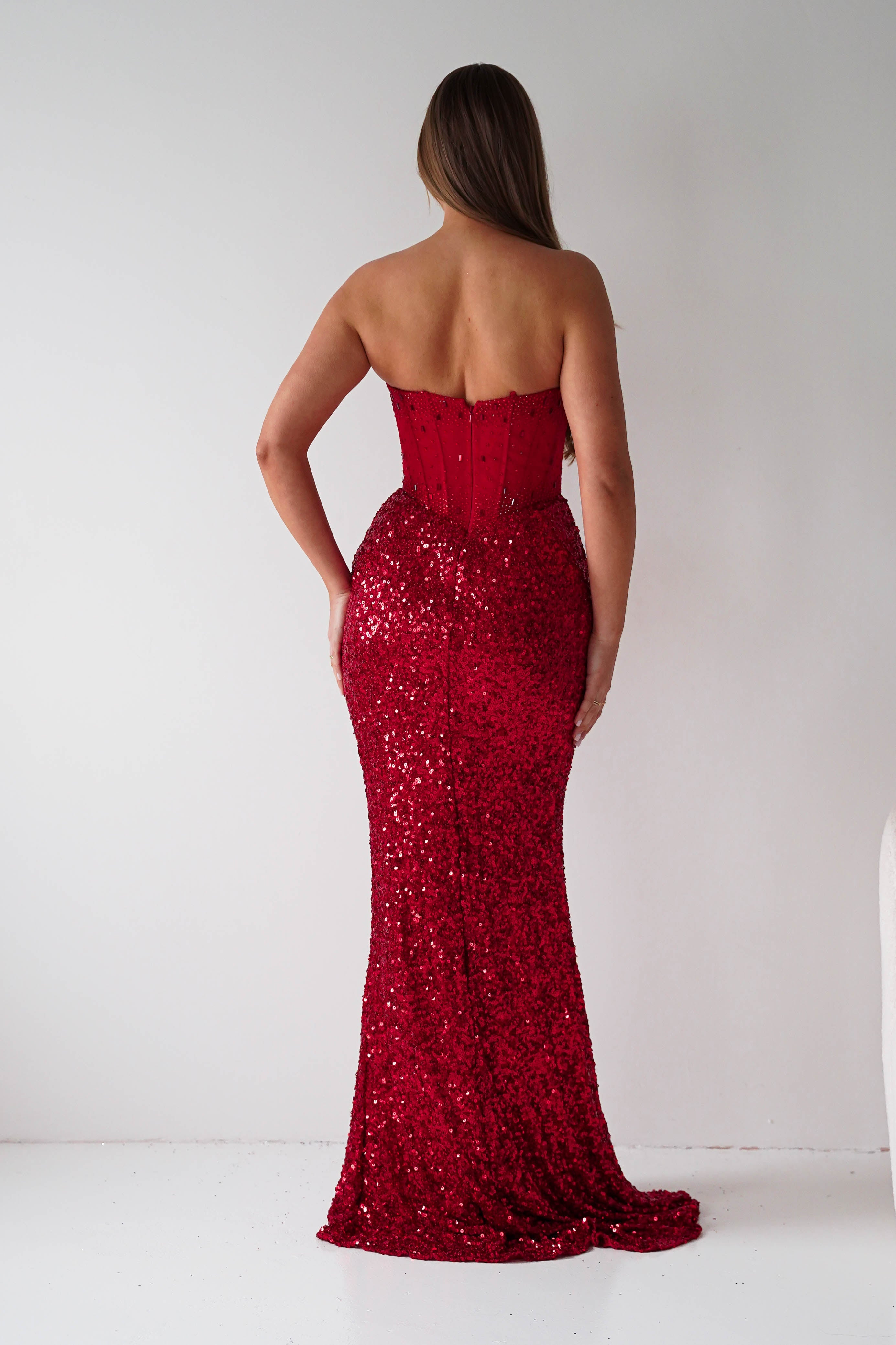 Oh Hello Clothing Women > Clothing > Dresses Henrietta Strapless Corset Sequin Gown | Red