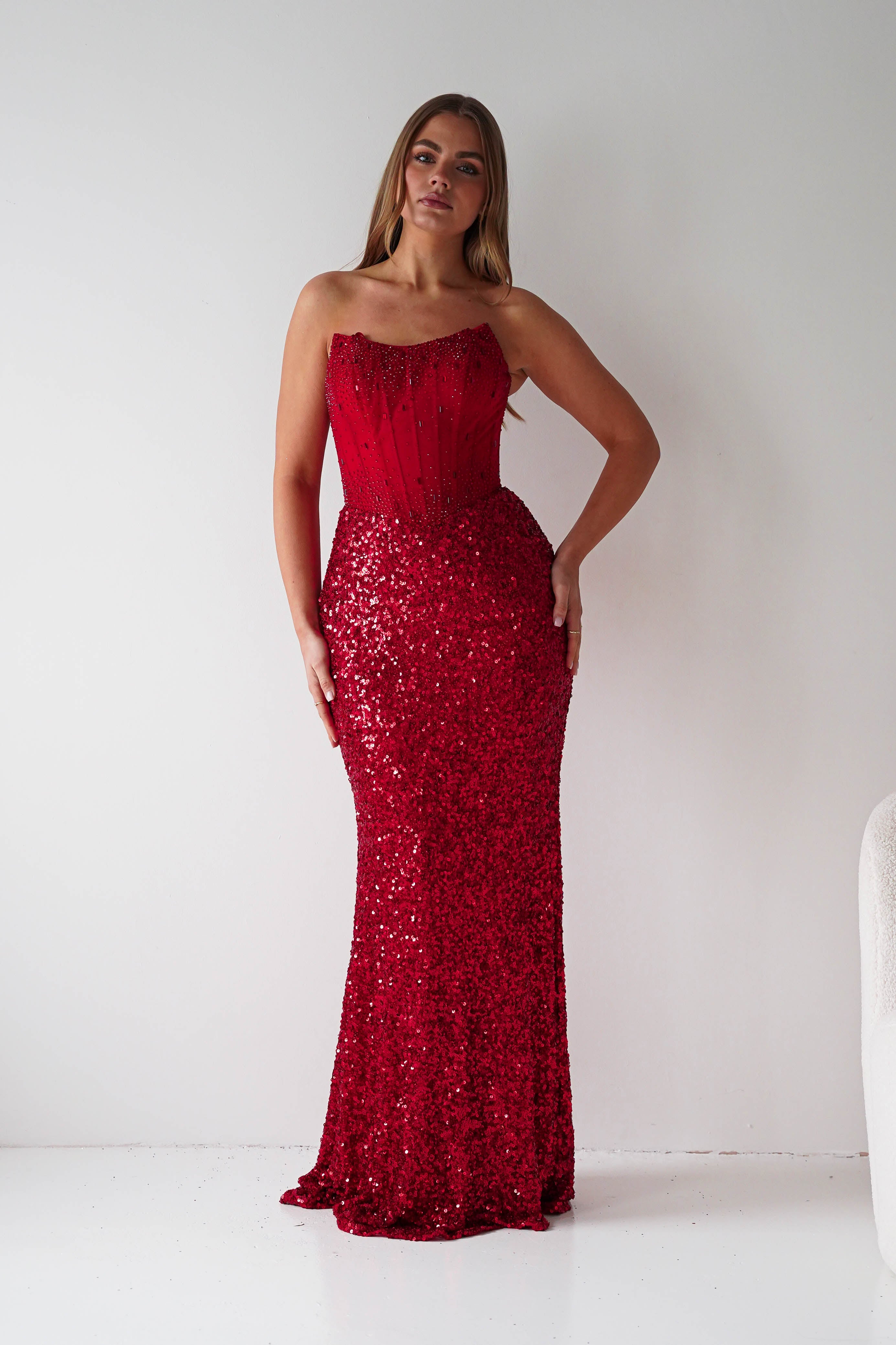 Oh Hello Clothing Women > Clothing > Dresses Henrietta Strapless Corset Sequin Gown | Red