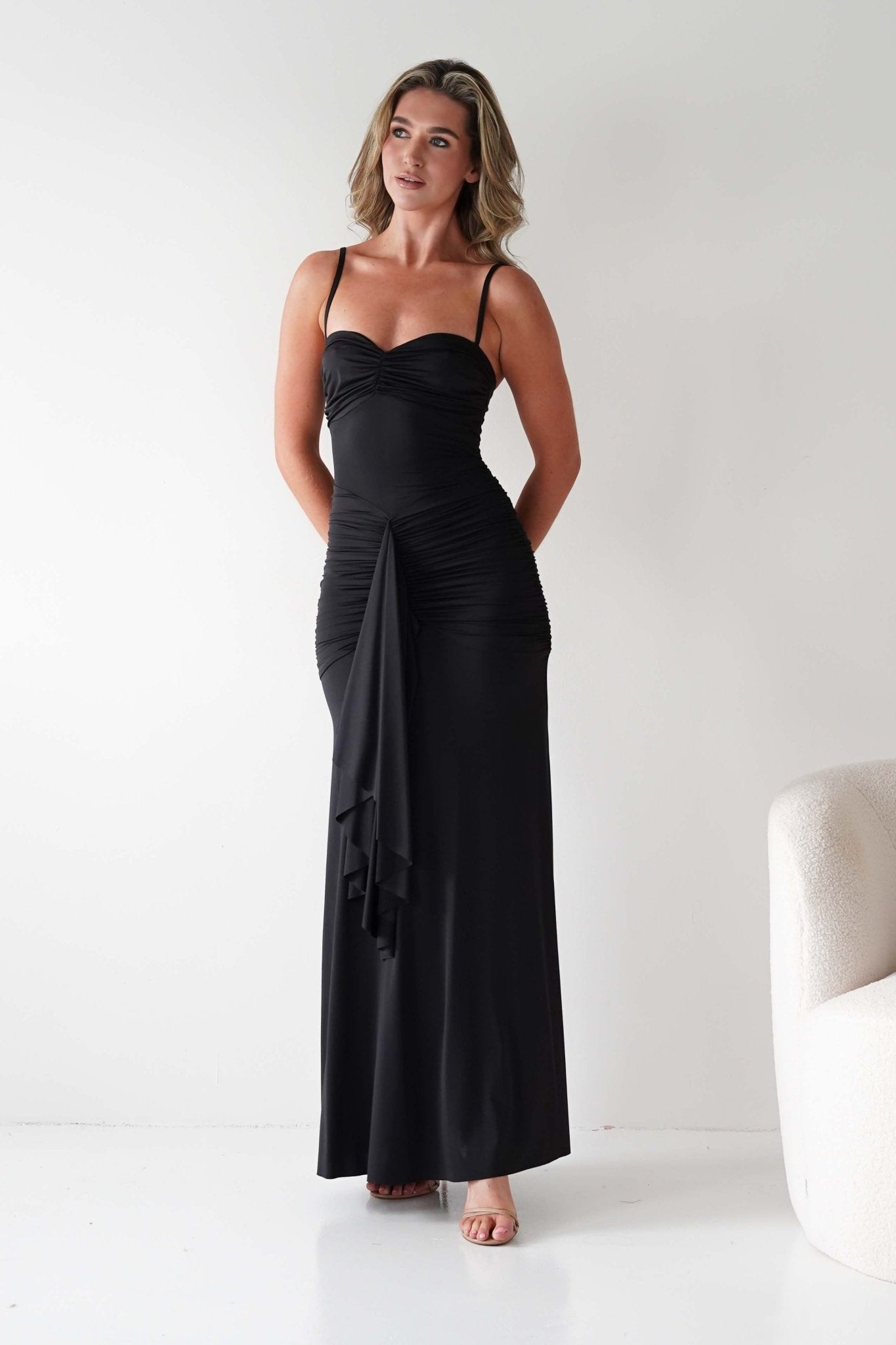 Hera Bodycon Ruffle Maxi Gown Dress | Black | Oh Hello Clothing | S (8)