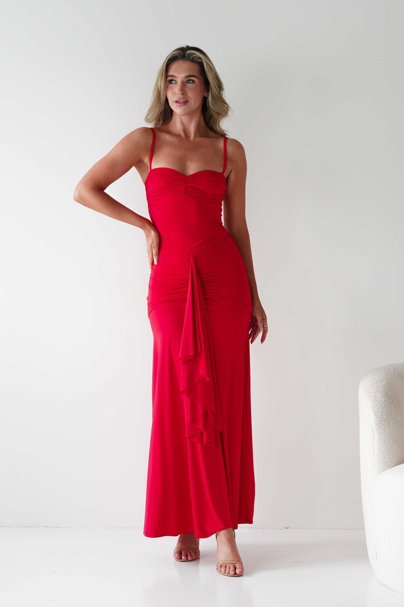 Hera Bodycon Ruffle Maxi Gown Dress | Red | Oh Hello Clothing | S (8)