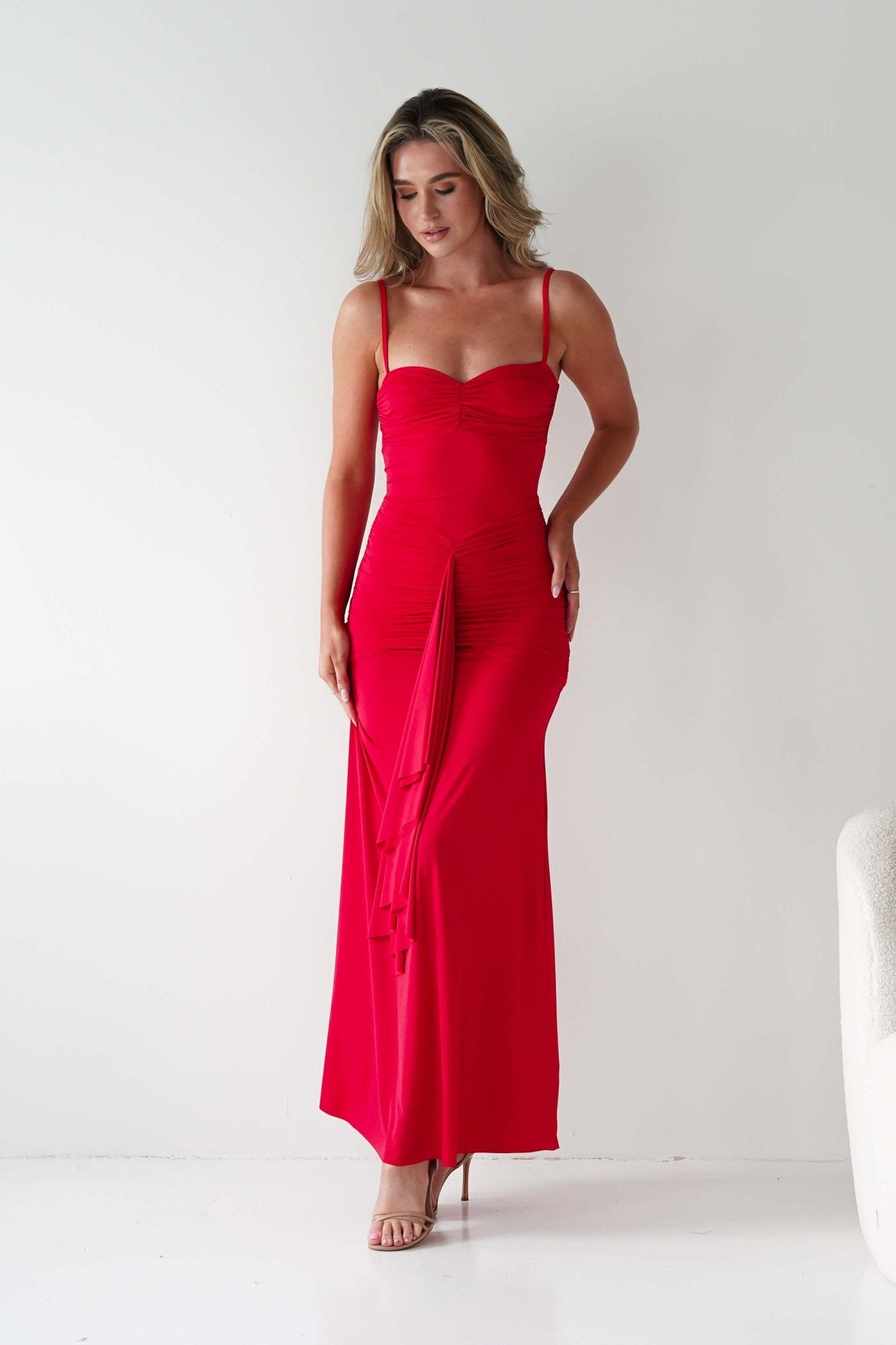 Hera Bodycon Ruffle Maxi Gown Dress | Red | Oh Hello Clothing | S (8)