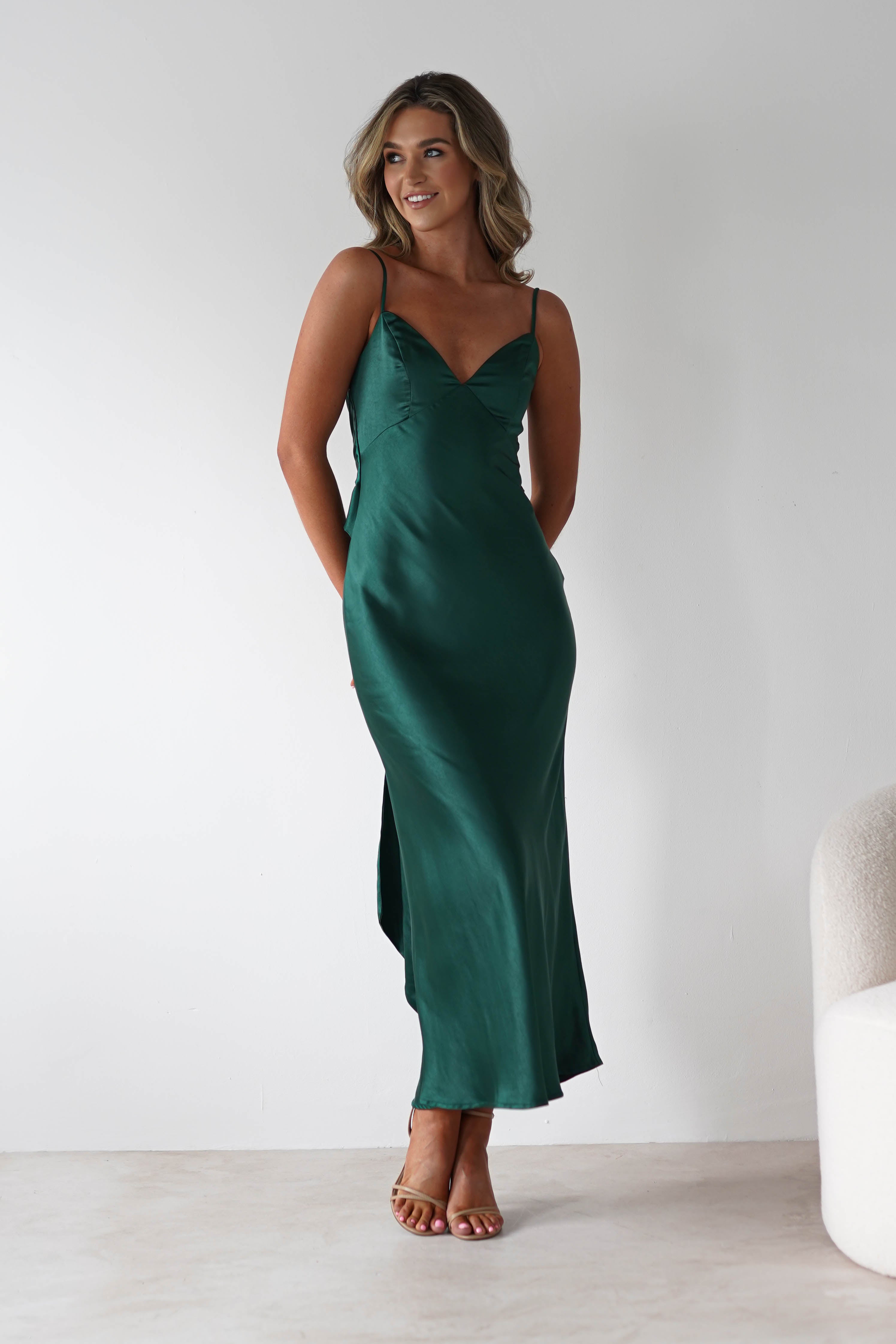 Hermie Silky Satin Maxi Dress | Forest Green | Oh Hello Clothing | XS (6)