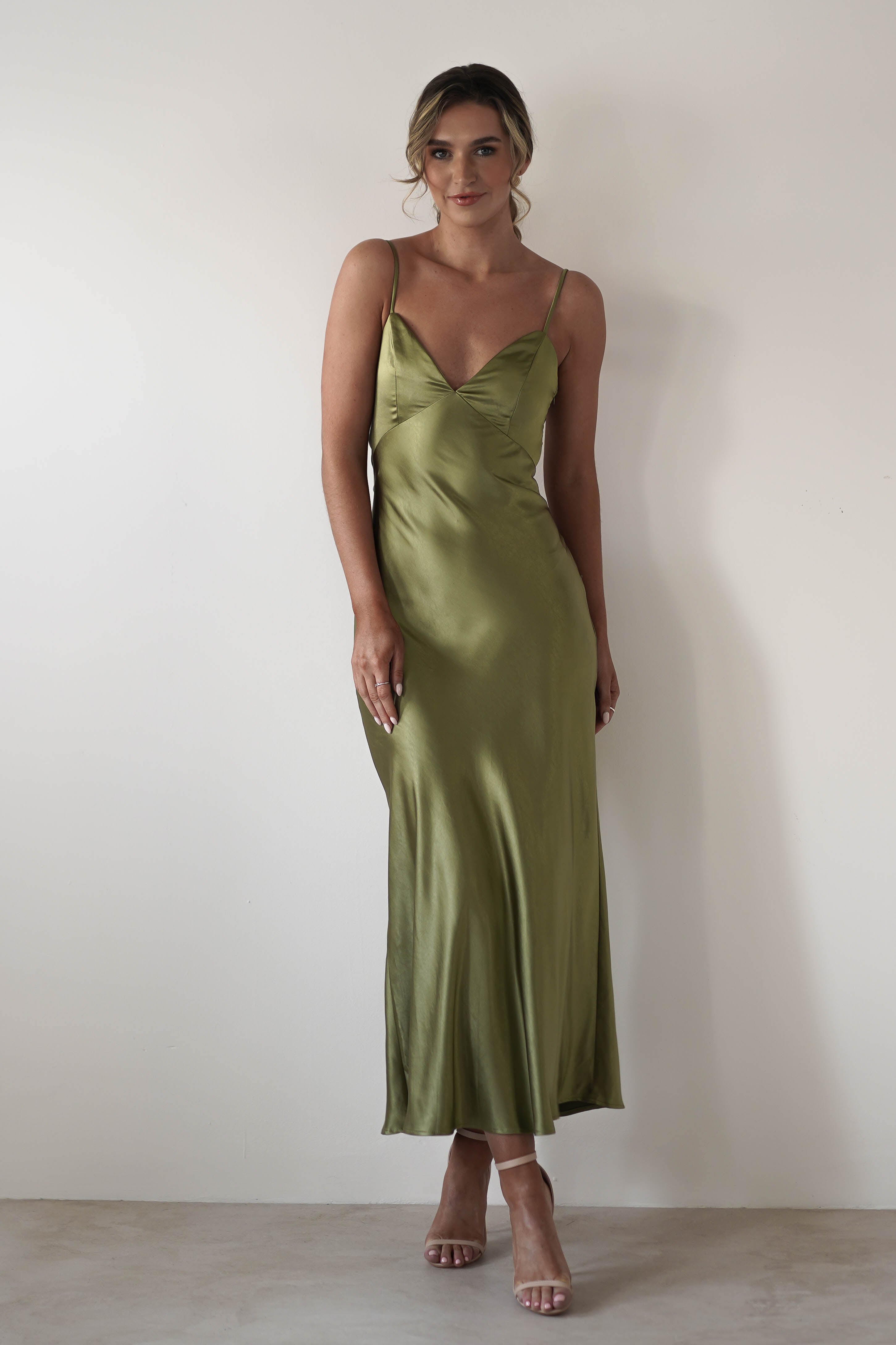 Hermie Silky Satin Maxi Dress | Olive | Oh Hello Clothing | XS (6)