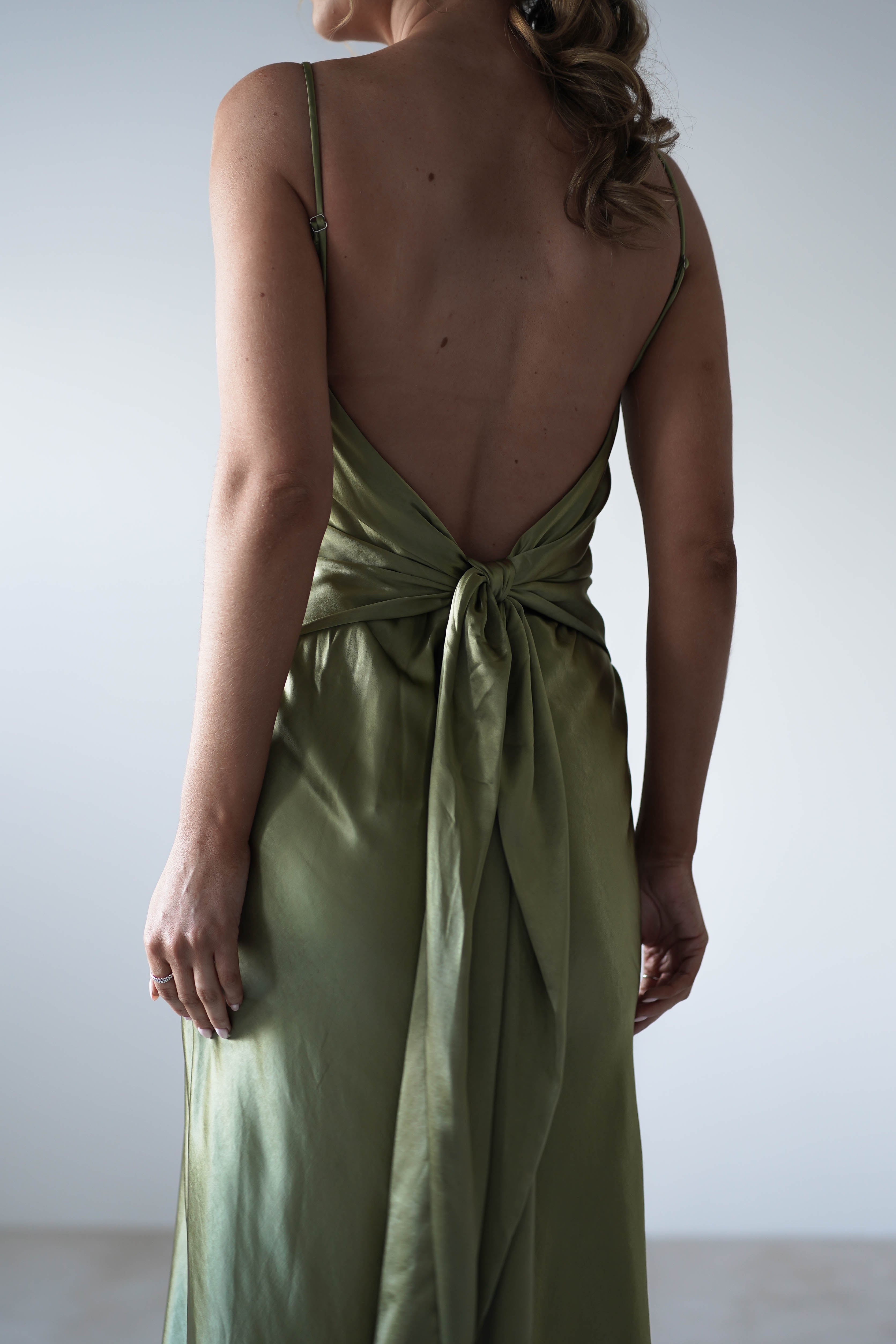 Hermie Silky Satin Maxi Dress | Olive | Oh Hello Clothing | XS (6)
