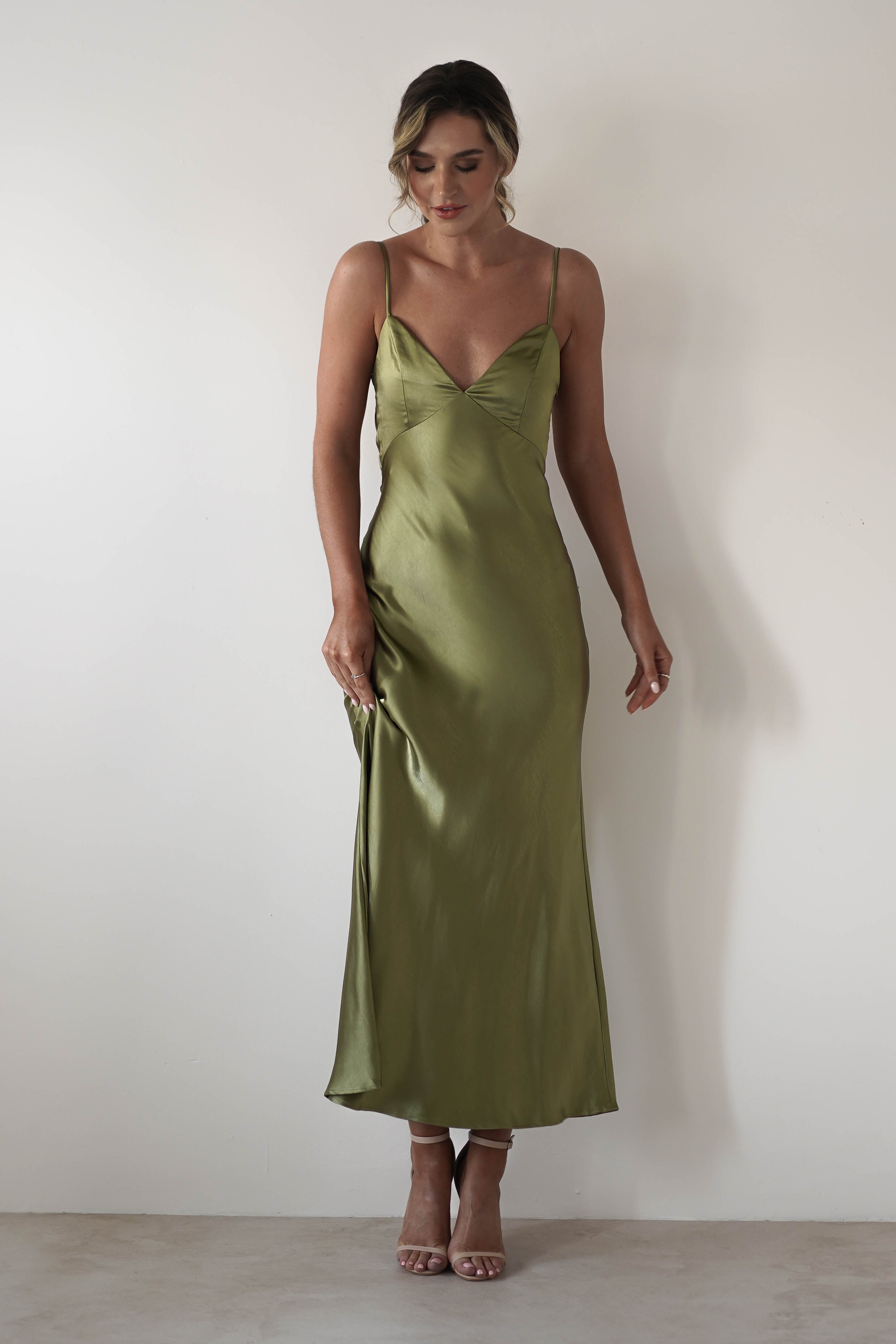 Hermie Silky Satin Maxi Dress | Olive | Oh Hello Clothing | XS (6)