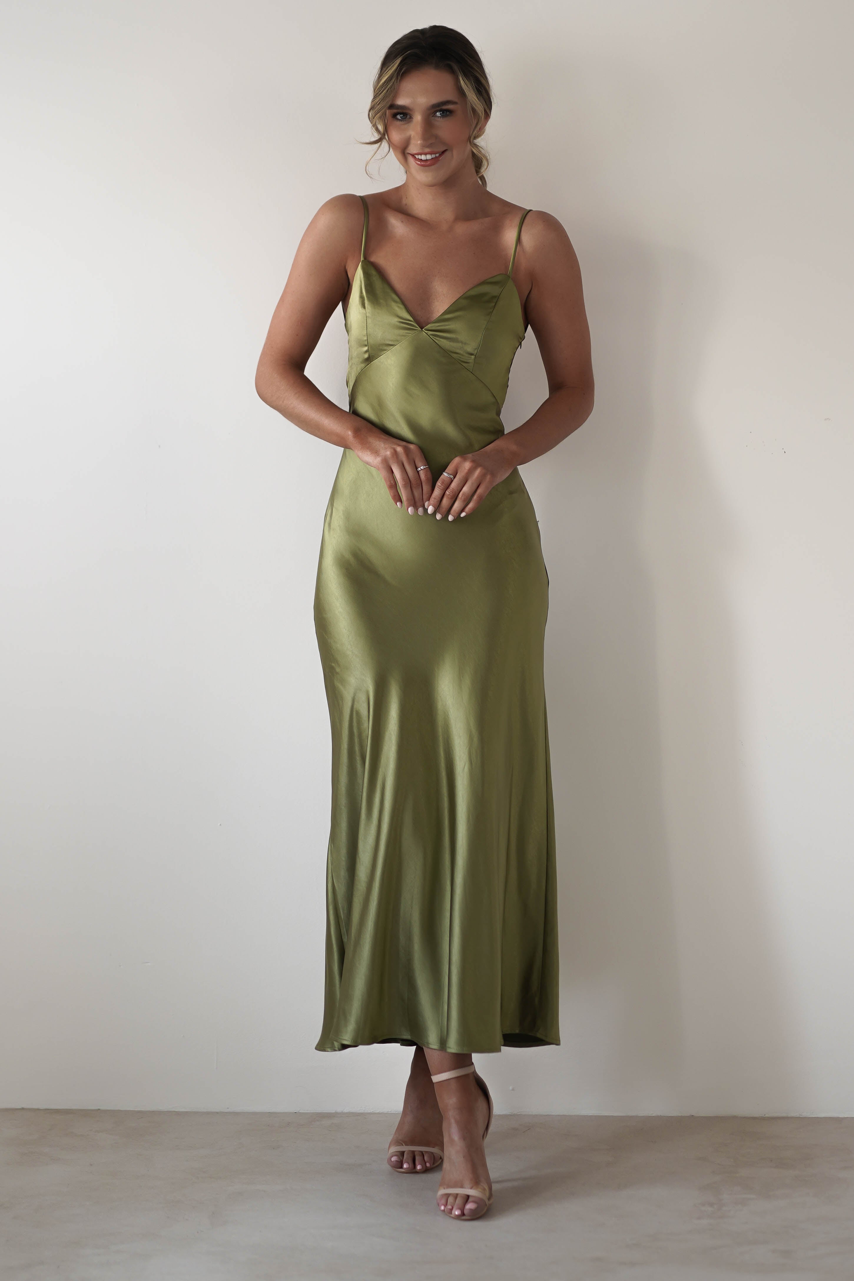 Hermie Silky Satin Maxi Dress | Olive | Oh Hello Clothing | XS (6)