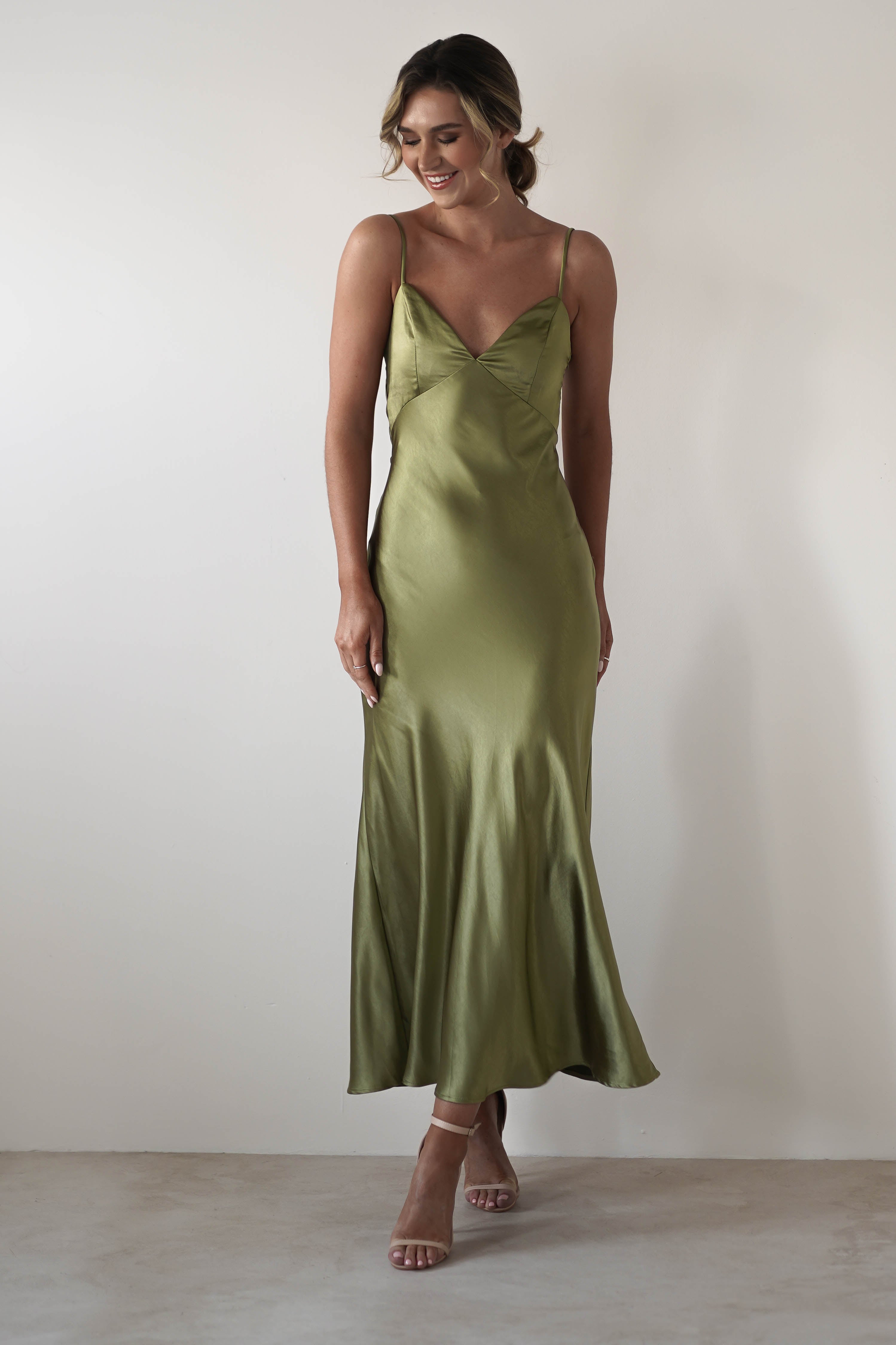 Hermie Silky Satin Maxi Dress | Olive | Oh Hello Clothing | XS (6)
