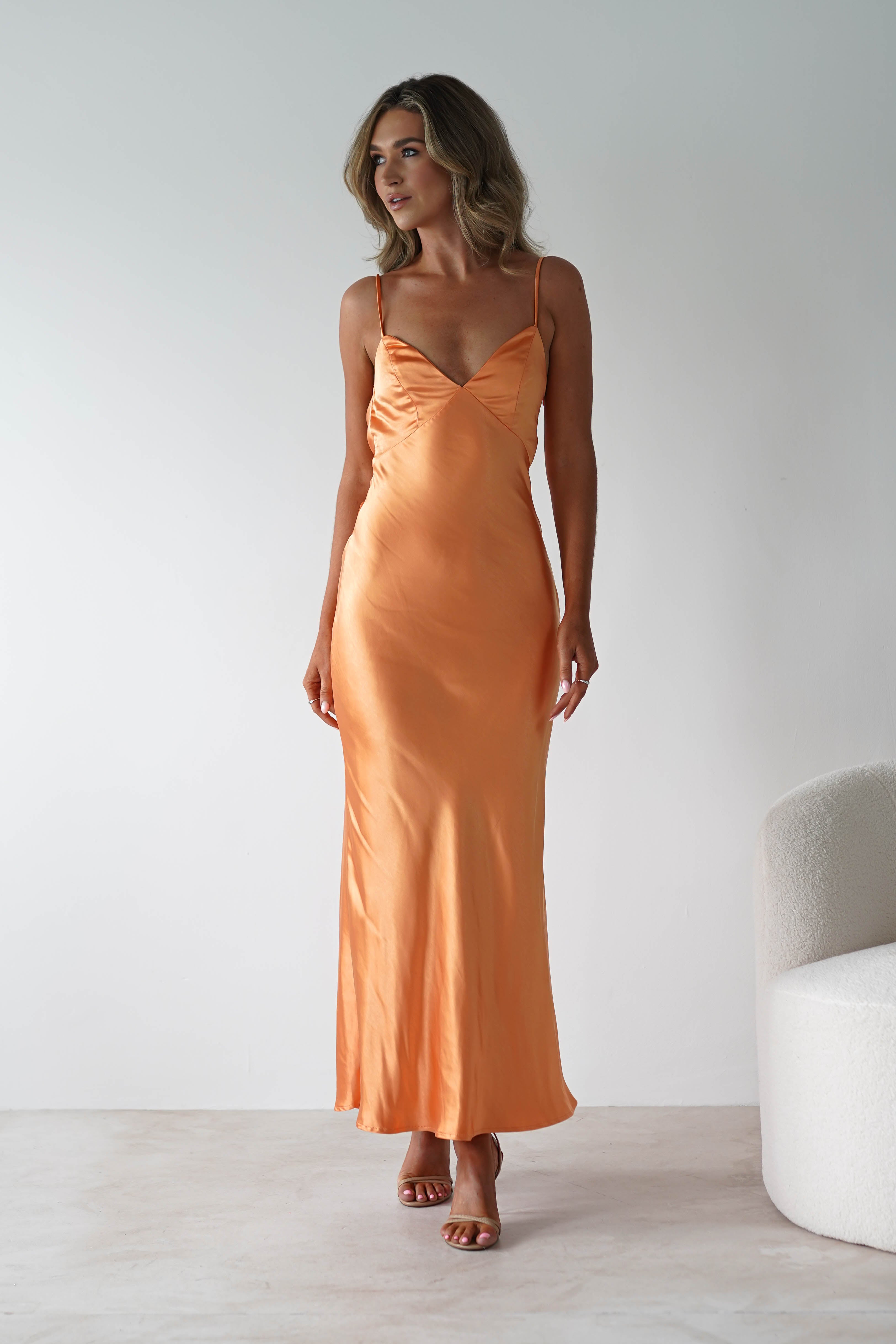 Hermie Silky Satin Maxi Dress | Orange | Oh Hello Clothing | XS (6)