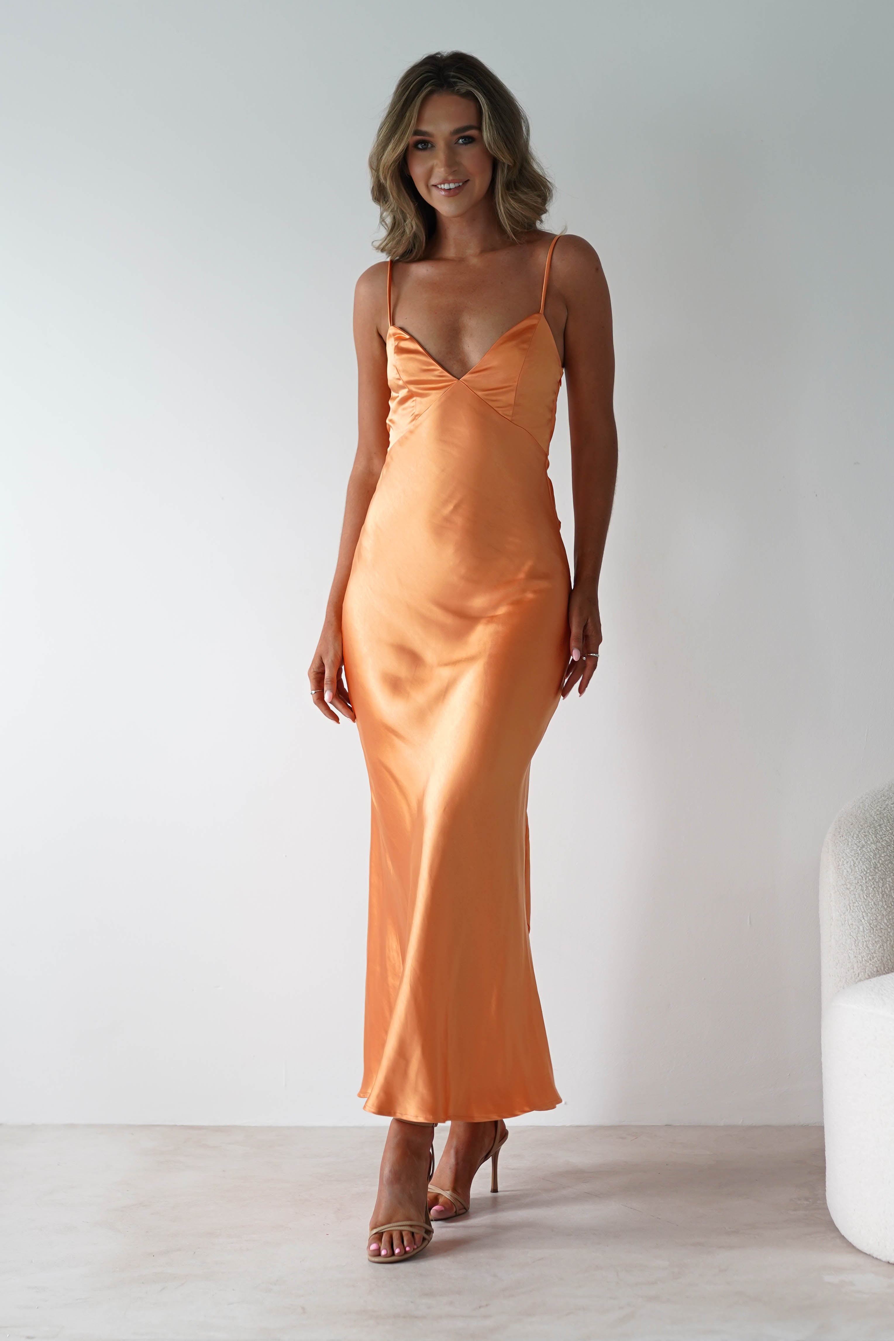Hermie Silky Satin Maxi Dress | Orange | Oh Hello Clothing | XS (6)