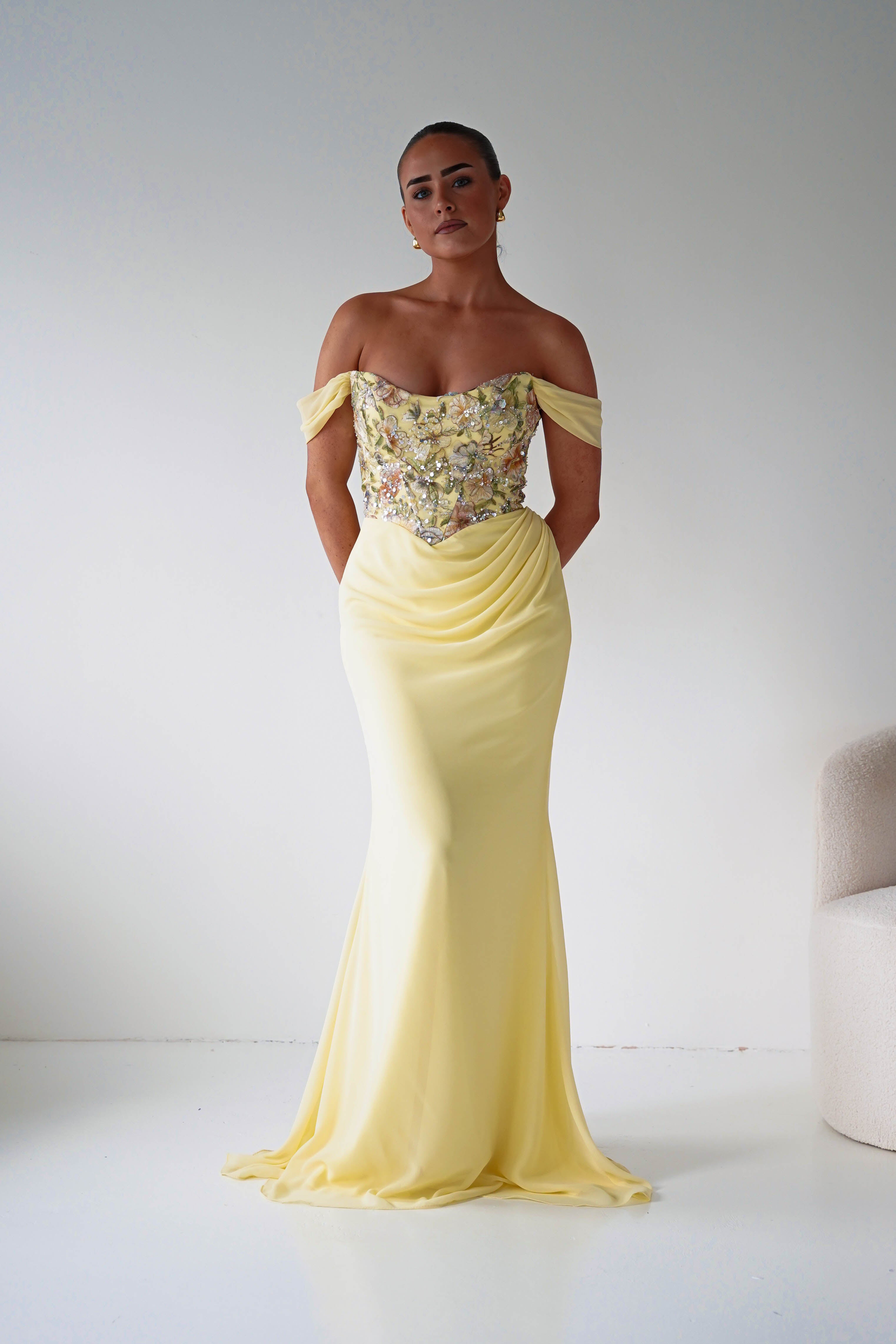 Oh Hello Clothing Dresses > Prom Dresses Honey Embellished Chiffon Gown | Yellow