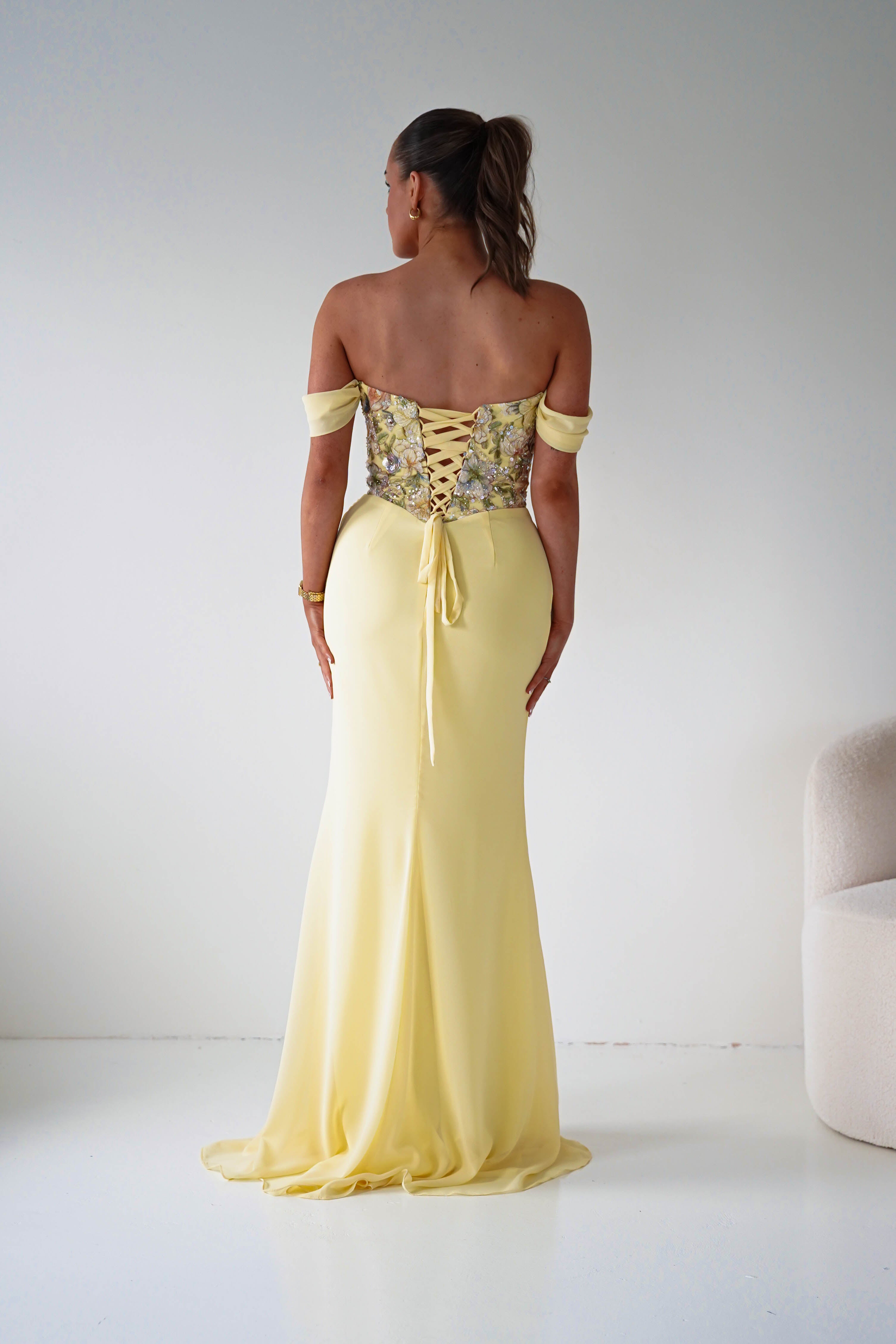 Oh Hello Clothing Dresses > Prom Dresses Honey Embellished Chiffon Gown | Yellow