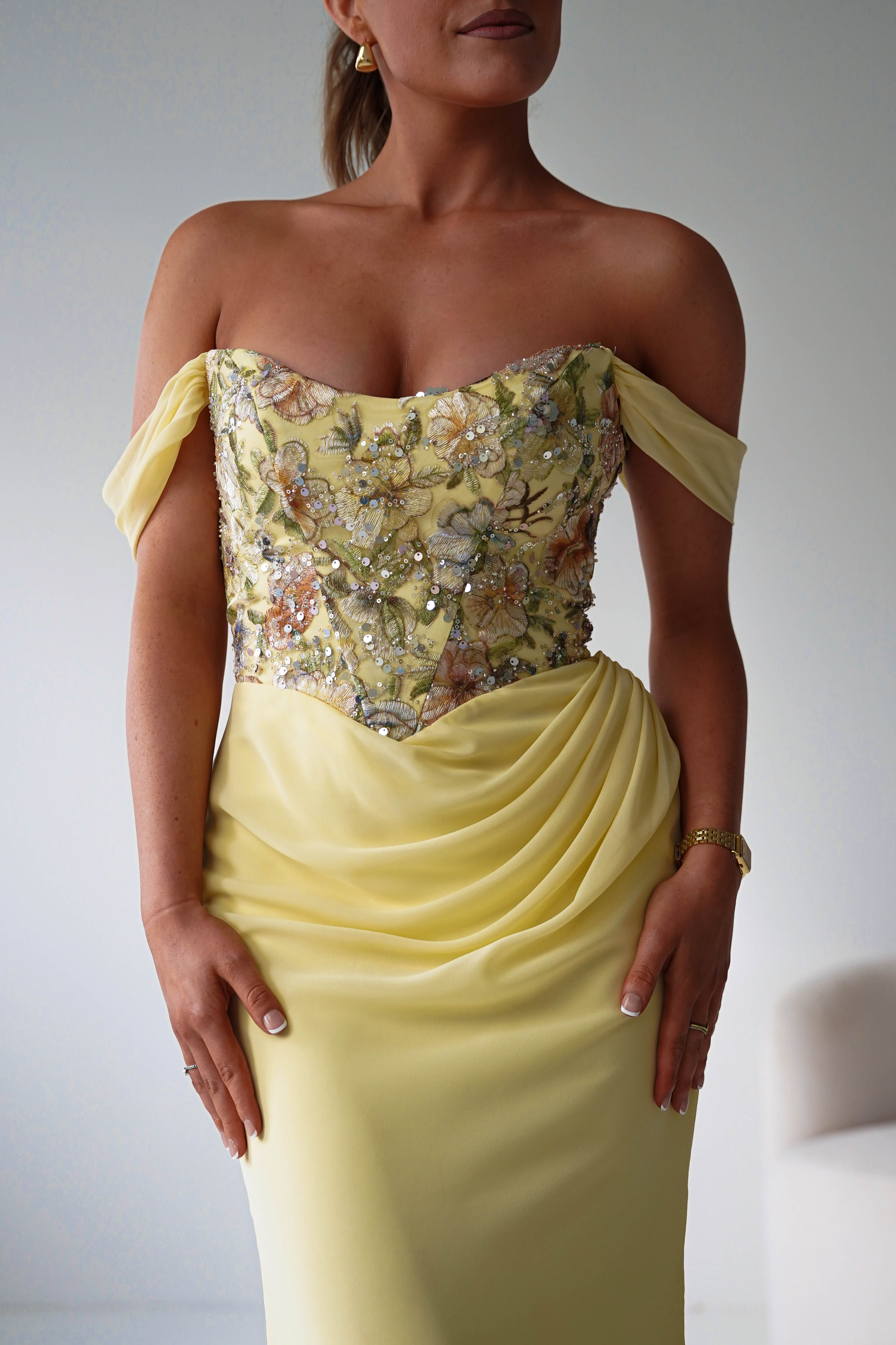 Oh Hello Clothing Dresses > Prom Dresses Honey Embellished Chiffon Gown | Yellow