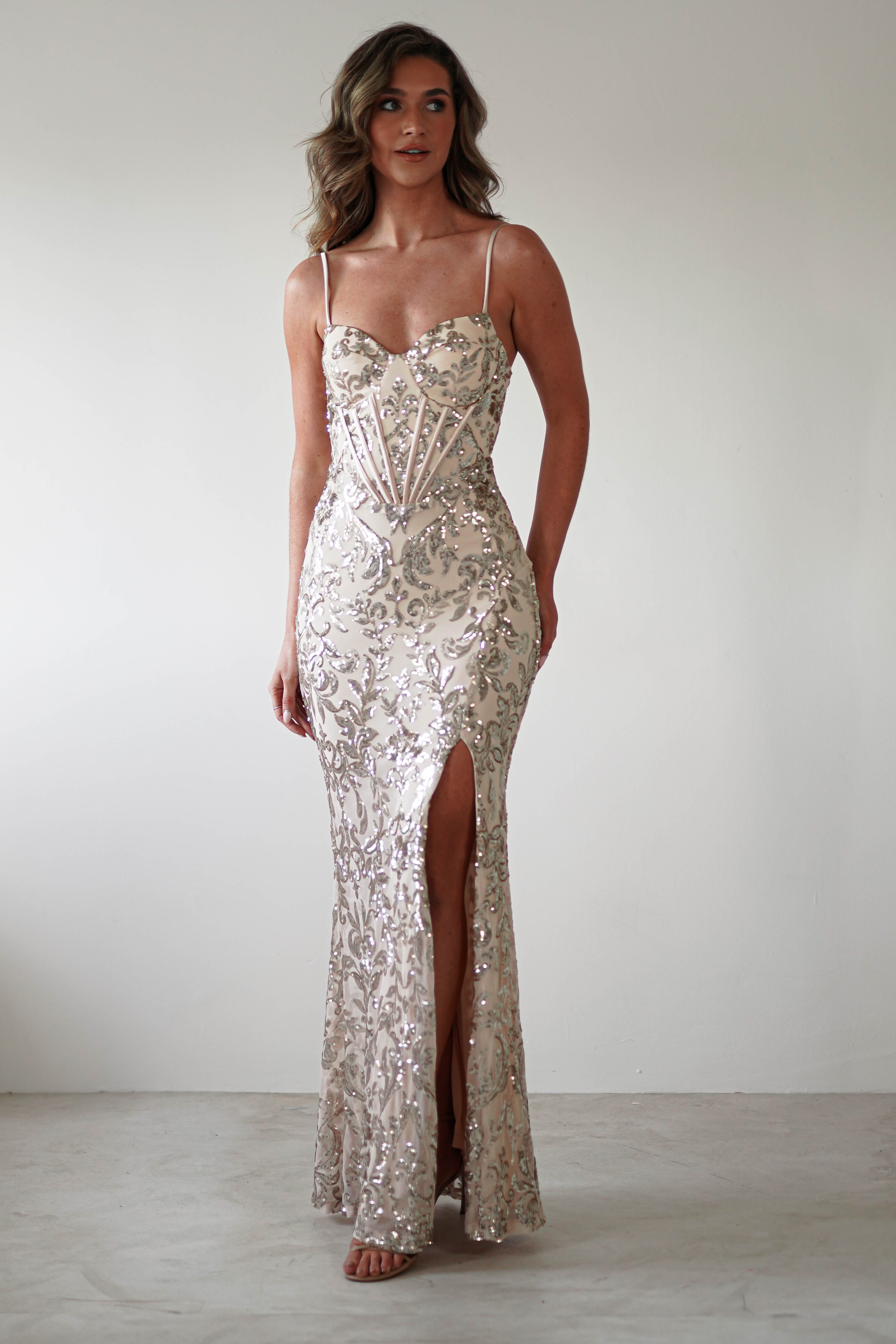 Isabel Sequin Corset Gown | Champagne Gold - Oh Hello Clothing