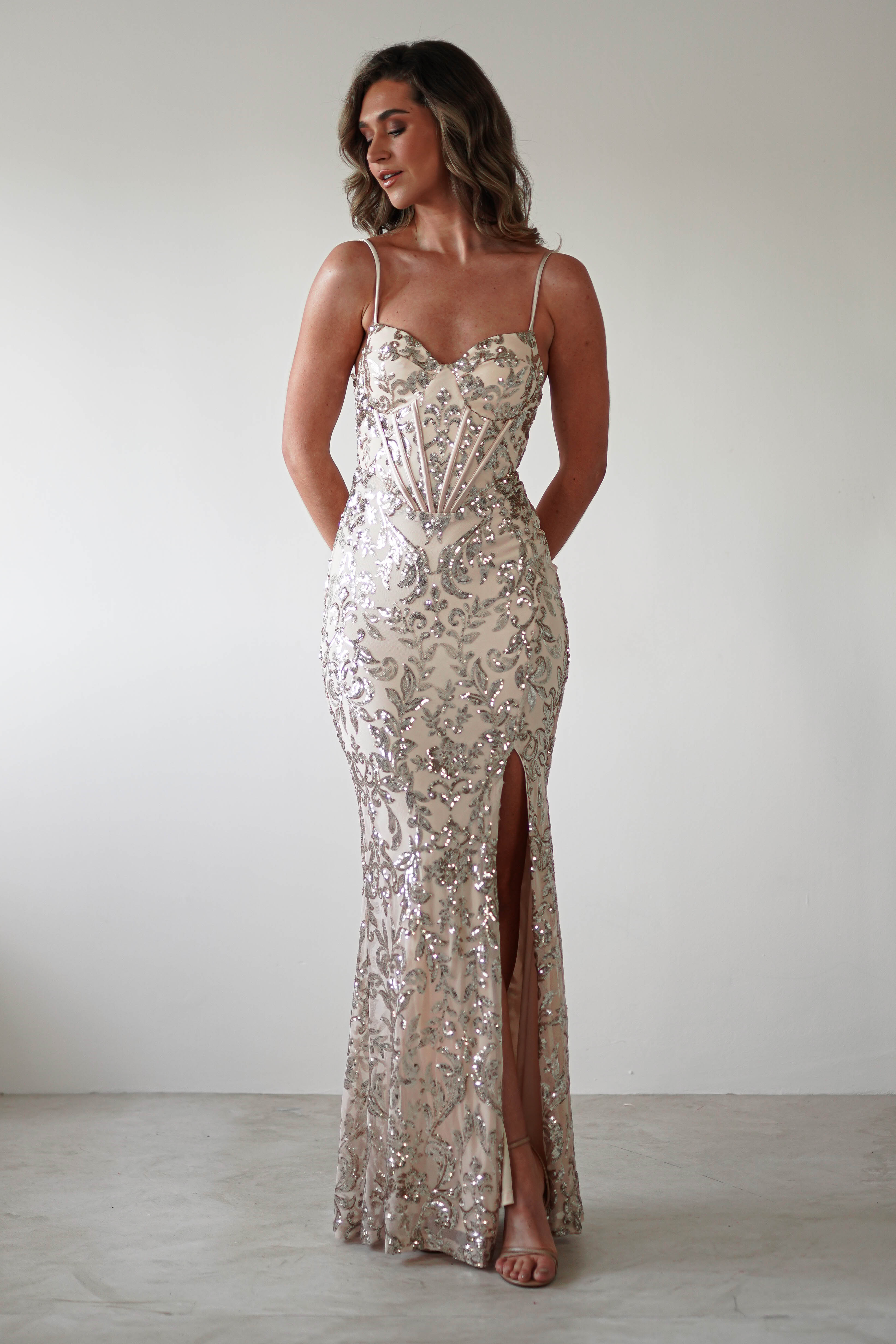 Isabel Sequin Corset Gown | Champagne Gold - Oh Hello Clothing