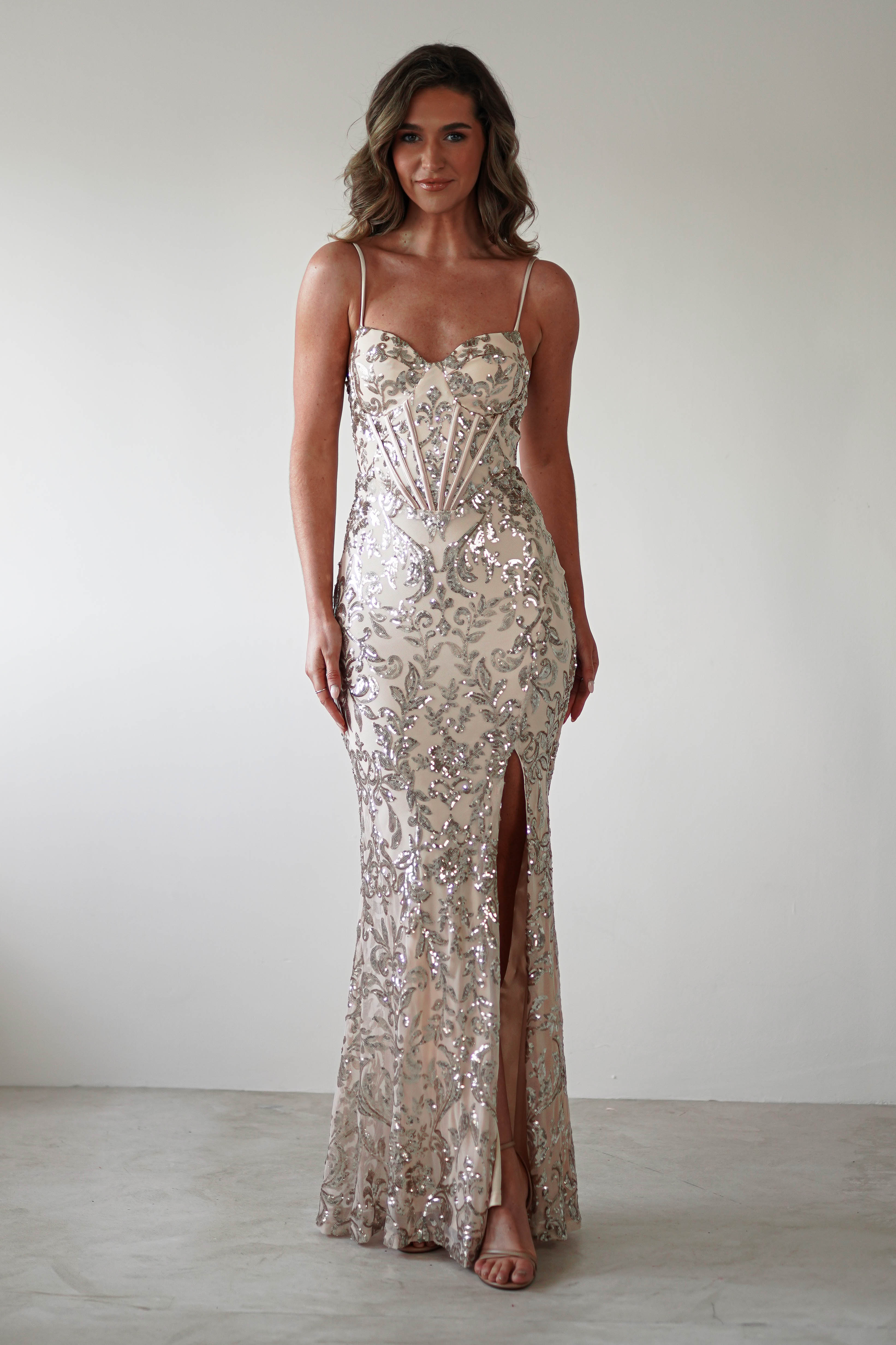Isabel Sequin Corset Gown | Champagne Gold - Oh Hello Clothing