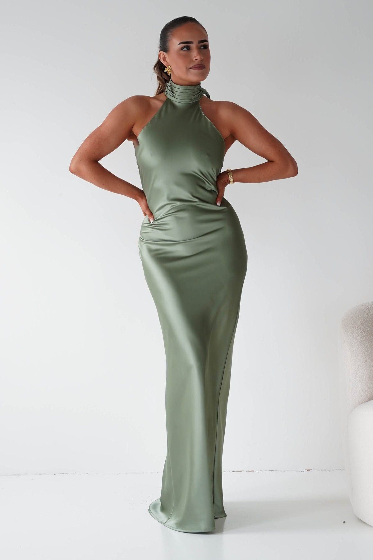 Oh Hello Clothing Women > Clothing > Dresses Isla Halterneck Maxi Slip Dress | Olive