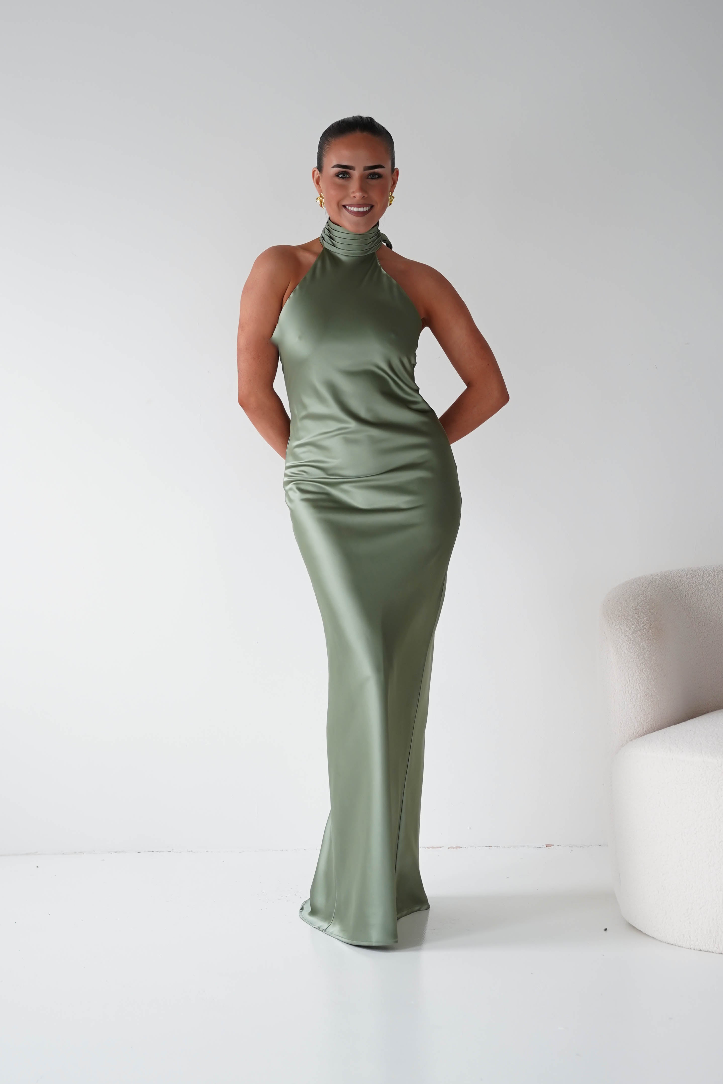 Oh Hello Clothing Women > Clothing > Dresses Isla Halterneck Maxi Slip Dress | Olive