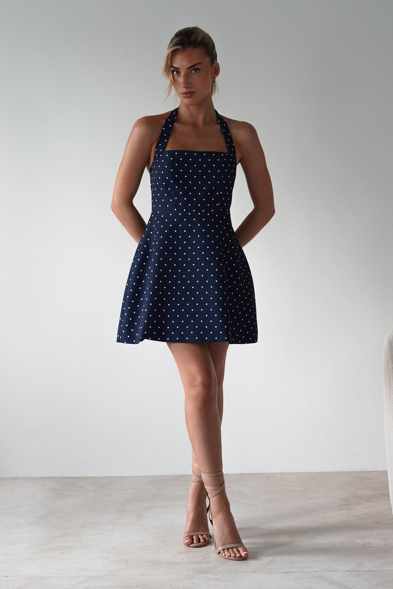 Isobel Polka Dot Halterneck Mini Dress | Navy | Oh Hello Clothing | XS (6)