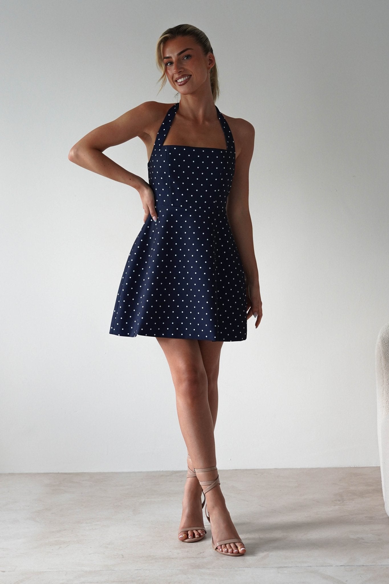 Isobel Polka Dot Halterneck Mini Dress | Navy | Oh Hello Clothing | XS (6)