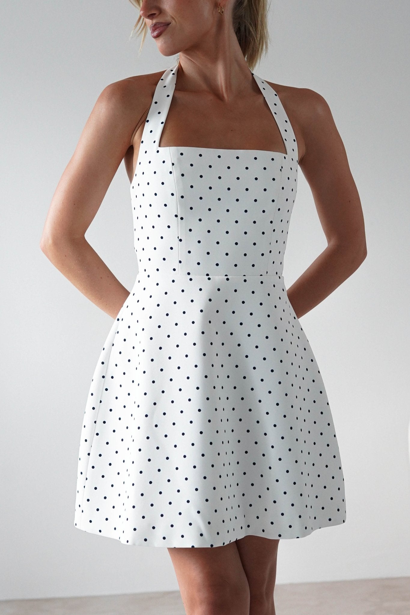 Isobel Polka Dot Halterneck Mini Dress | White | Oh Hello Clothing | XS (6)