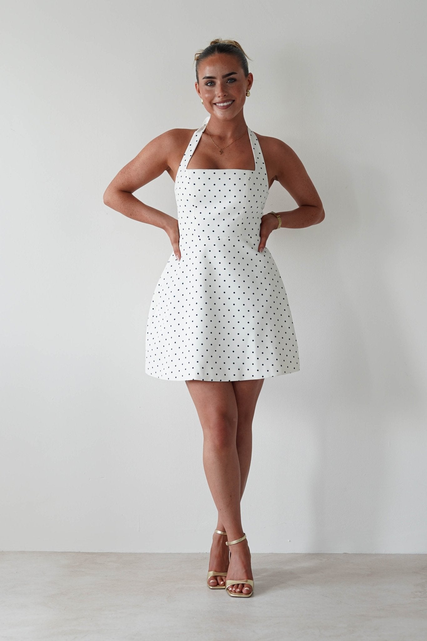 Isobel Polka Dot Halterneck Mini Dress | White | Oh Hello Clothing | XS (6)