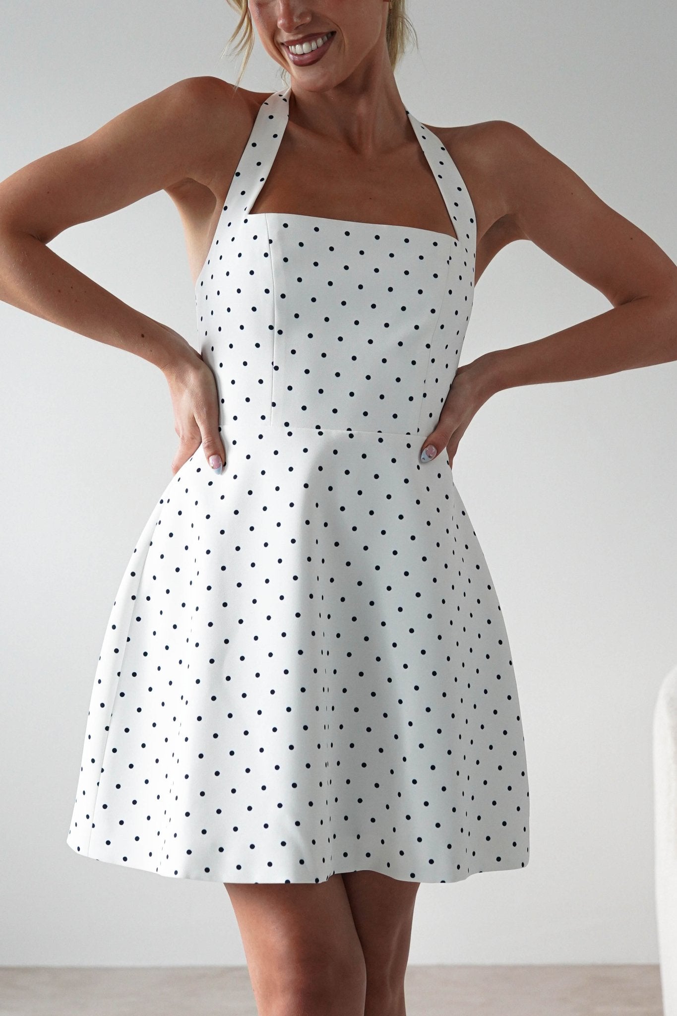 Isobel Polka Dot Halterneck Mini Dress | White | Oh Hello Clothing | XS (6)