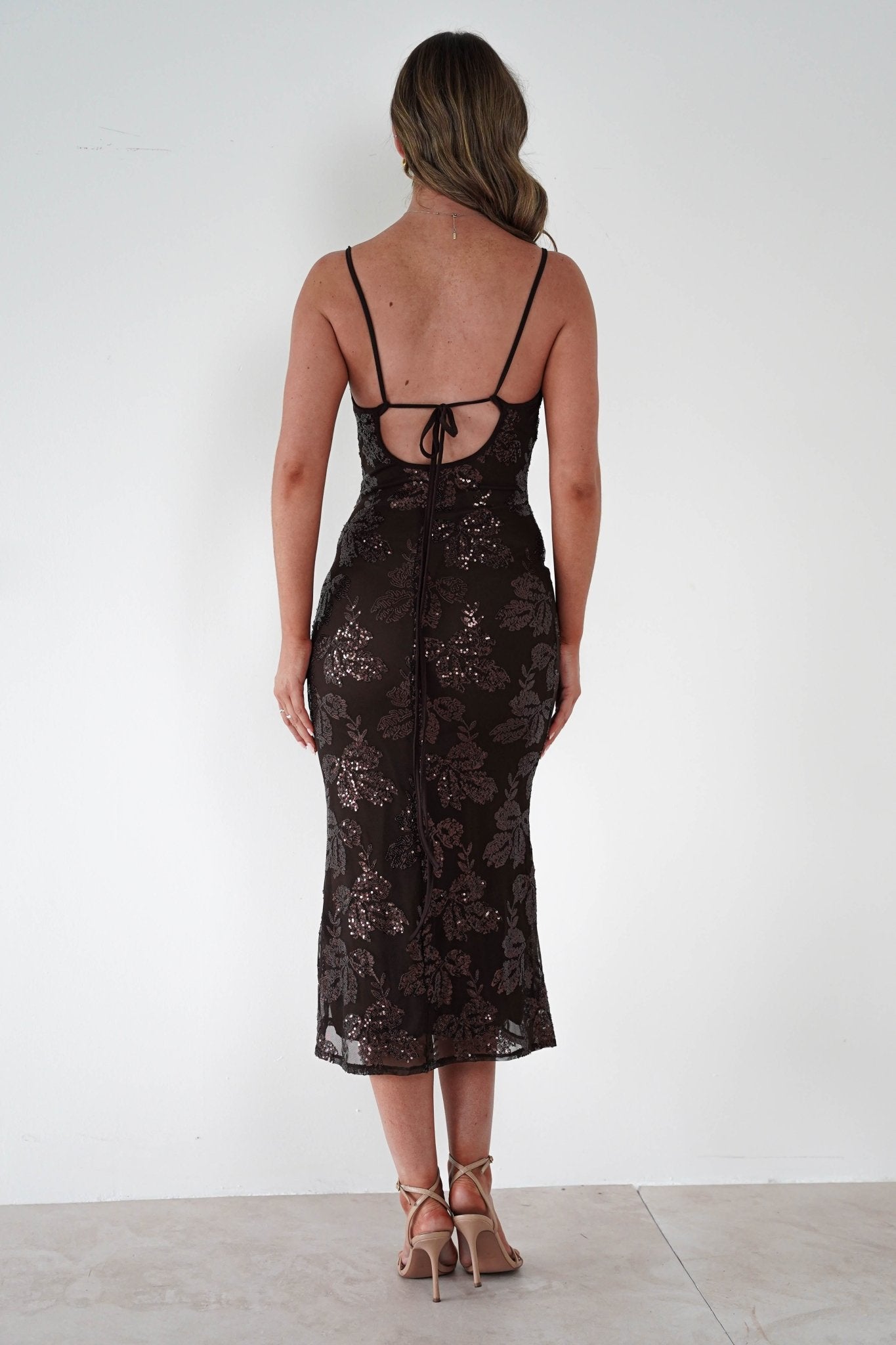 Jayna Sequin Floral Cowl Neck Midi Dress | Brown | Oh Hello Clothing | S - M - (8/10)