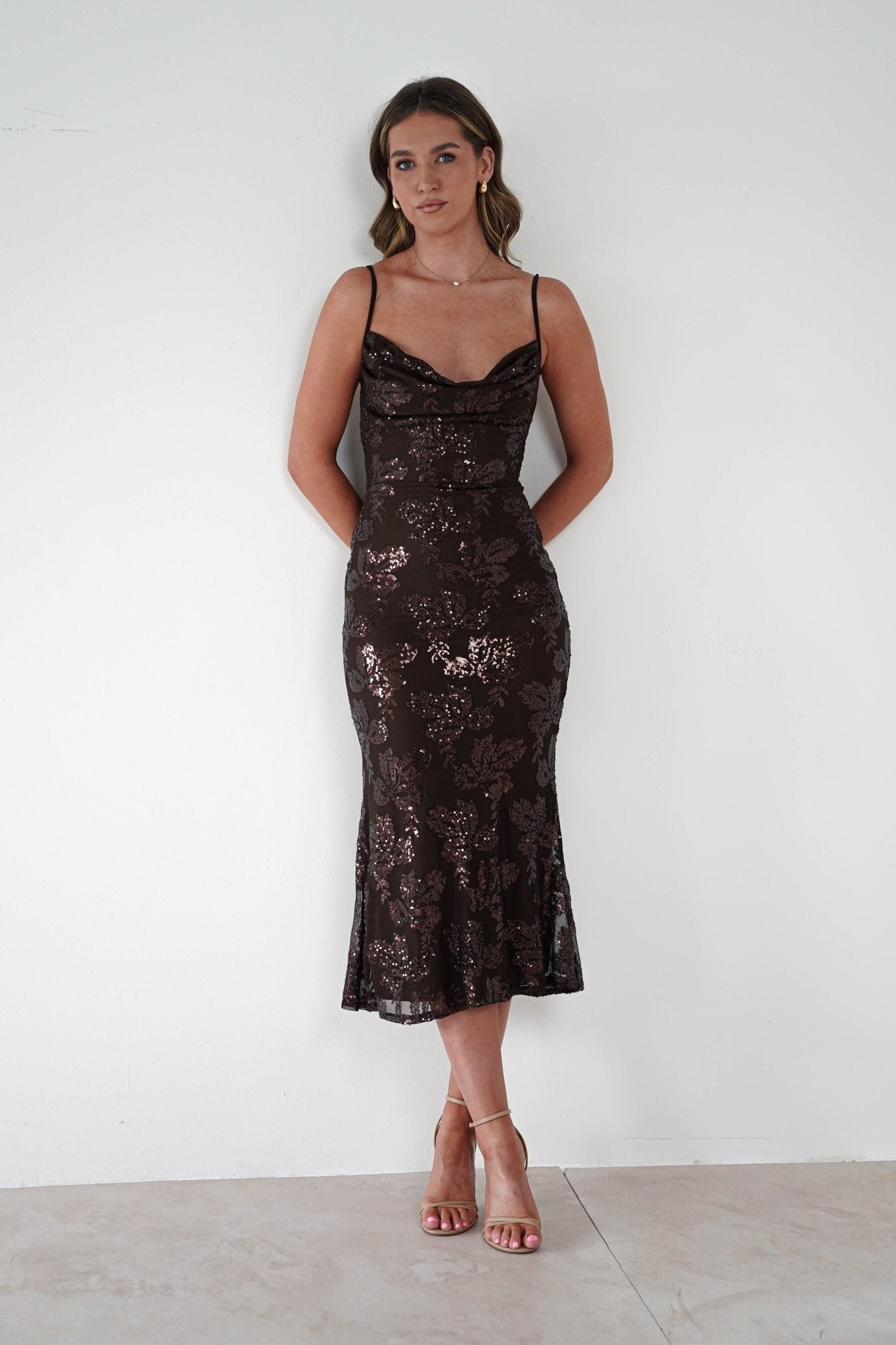 Jayna Sequin Floral Cowl Neck Midi Dress | Brown | Oh Hello Clothing | S - M - (8/10)