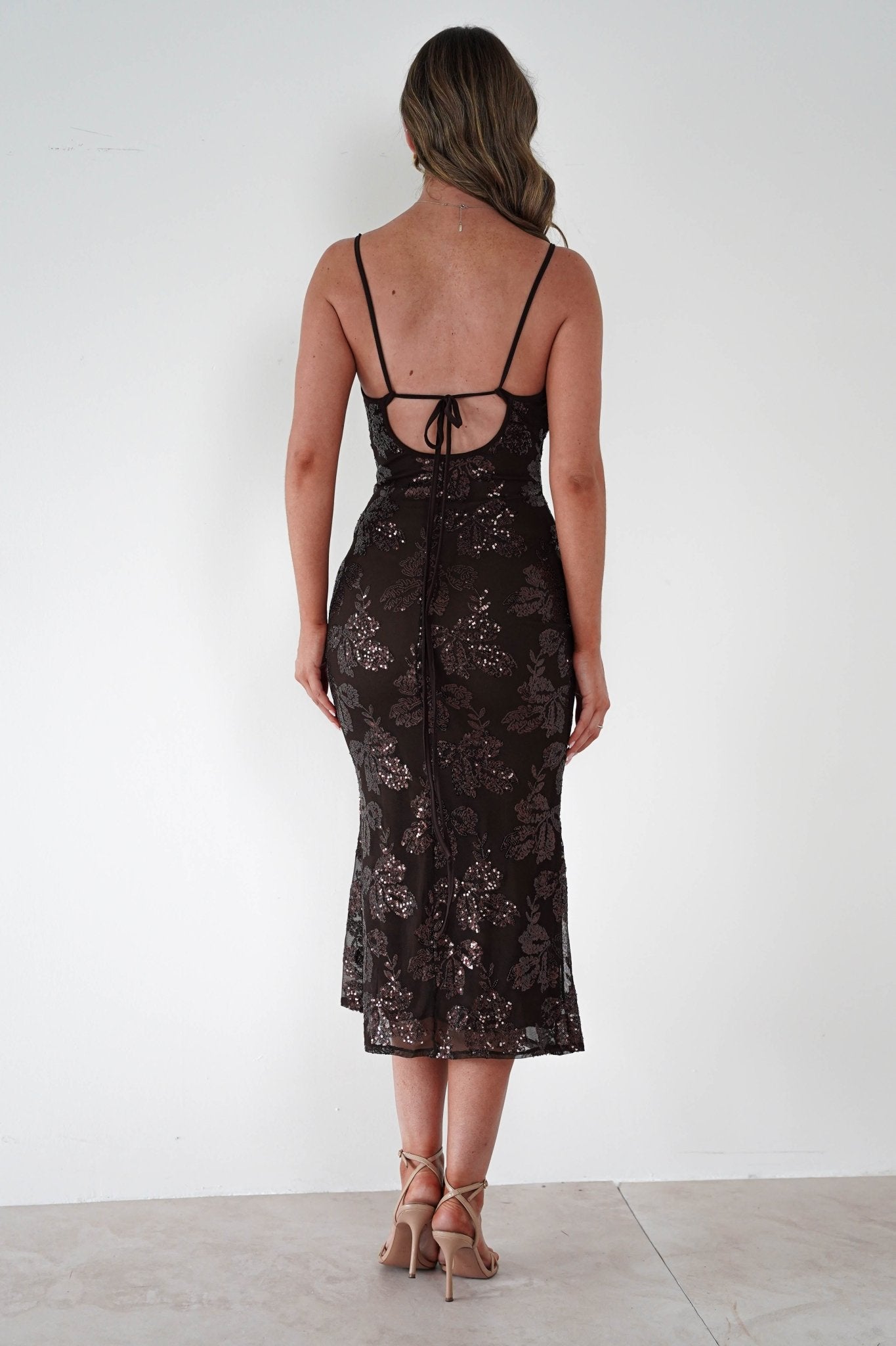 Jayna Sequin Floral Cowl Neck Midi Dress | Brown | Oh Hello Clothing | S - M - (8/10)