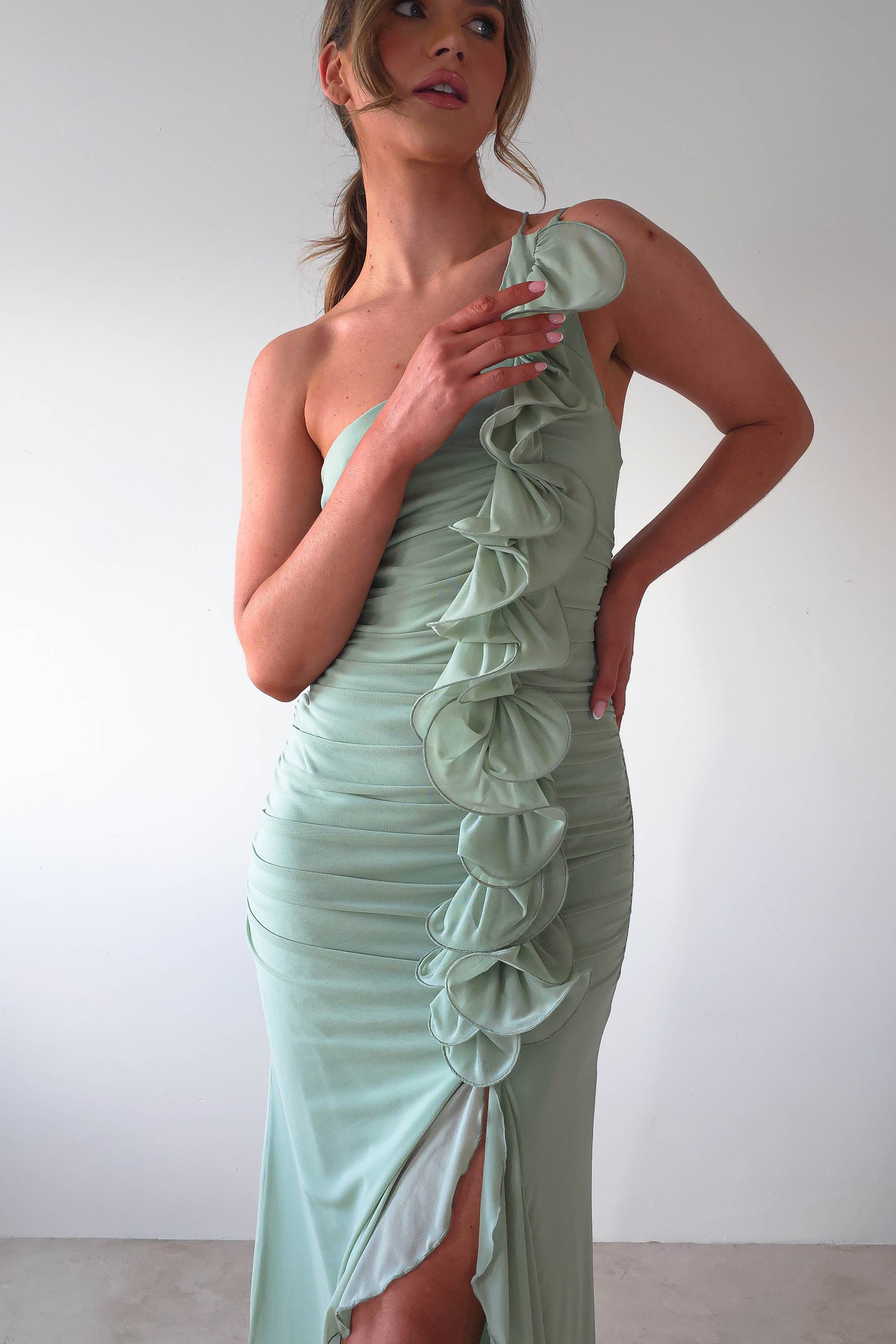 Jenkins Ruffle Midaxi Dress | Sage | Oh Hello Clothing | XS (6)