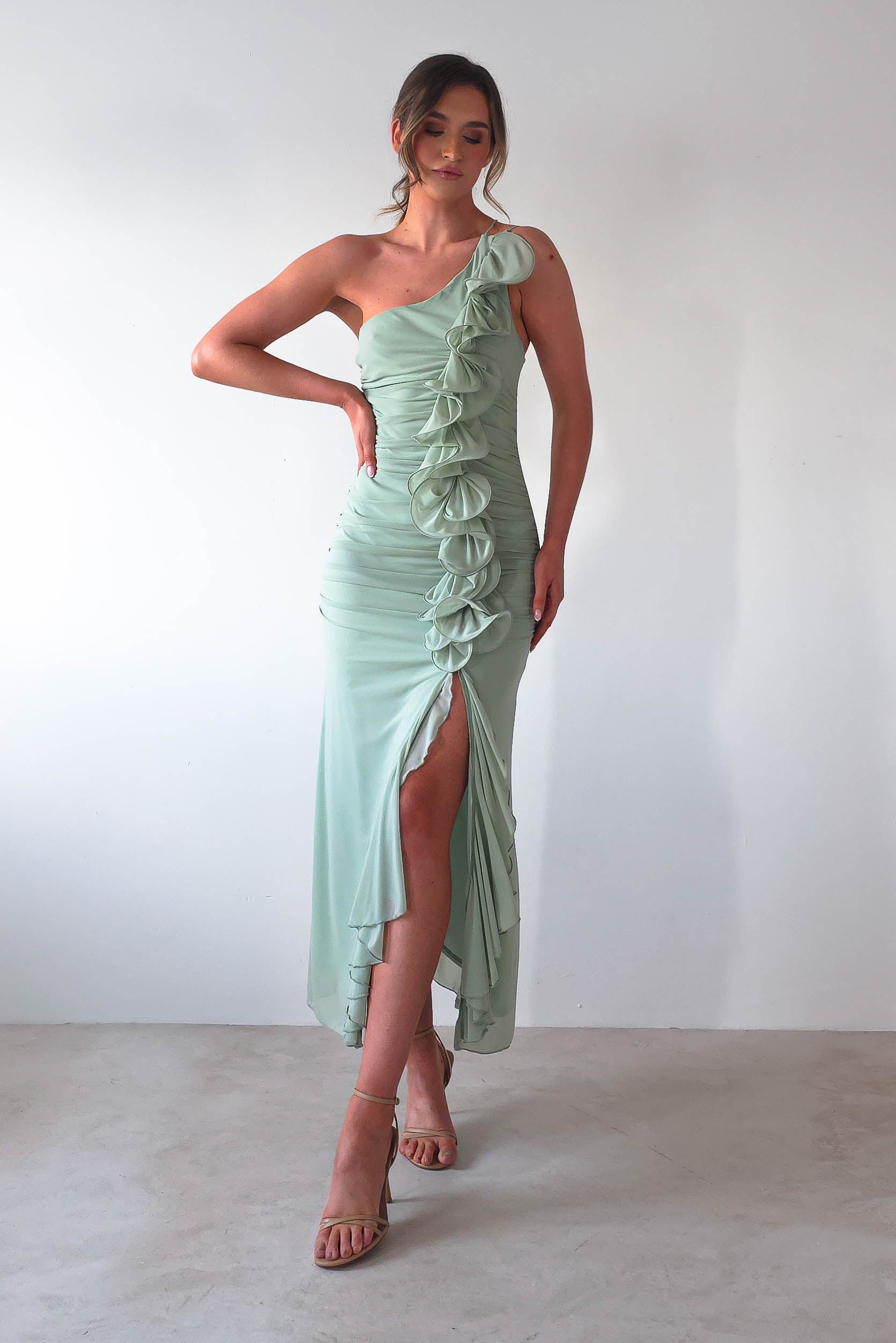 Jenkins Ruffle Midaxi Dress | Sage | Oh Hello Clothing | XS (6)