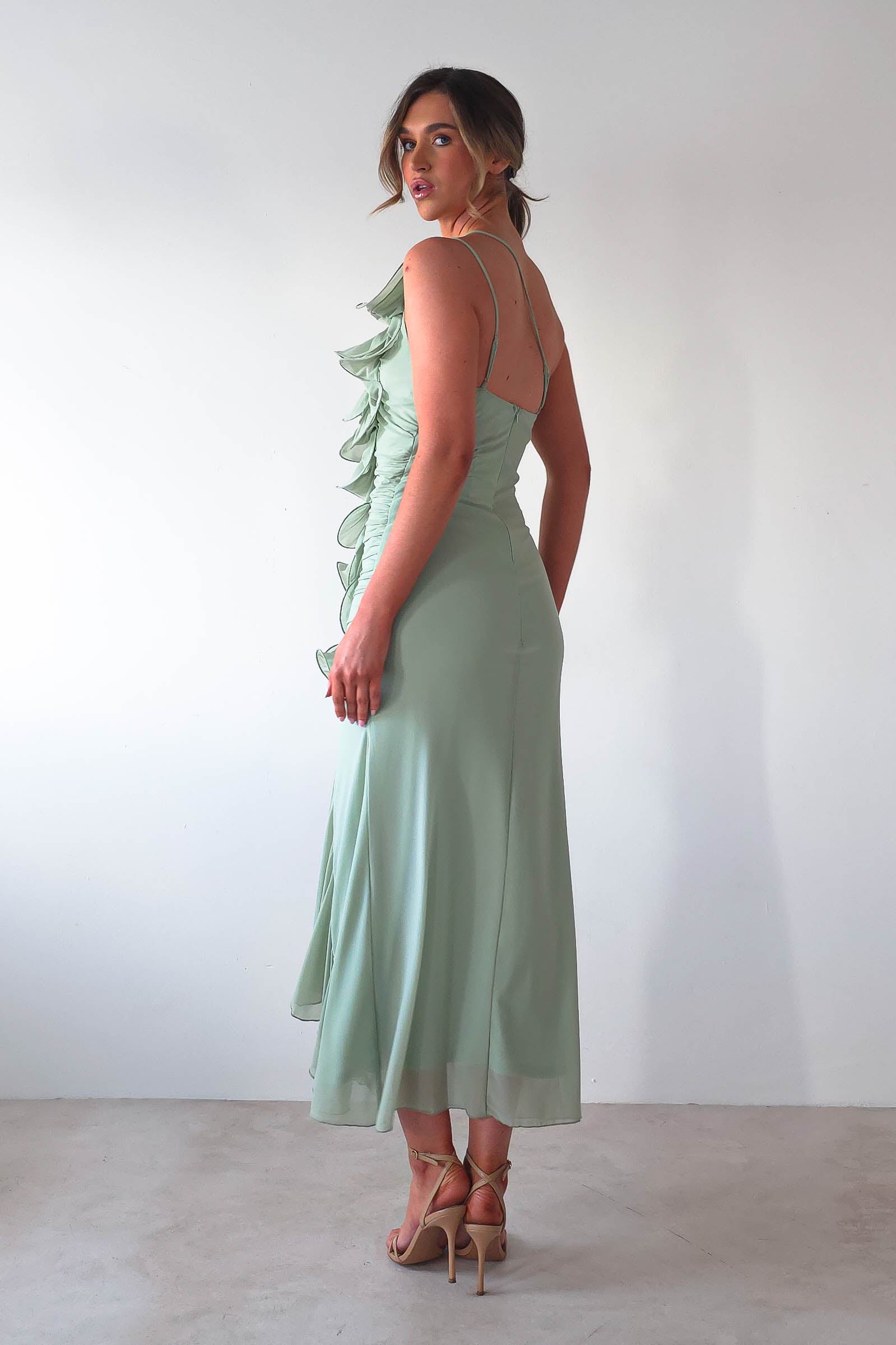 Jenkins Ruffle Midaxi Dress | Sage | Oh Hello Clothing | XS (6)