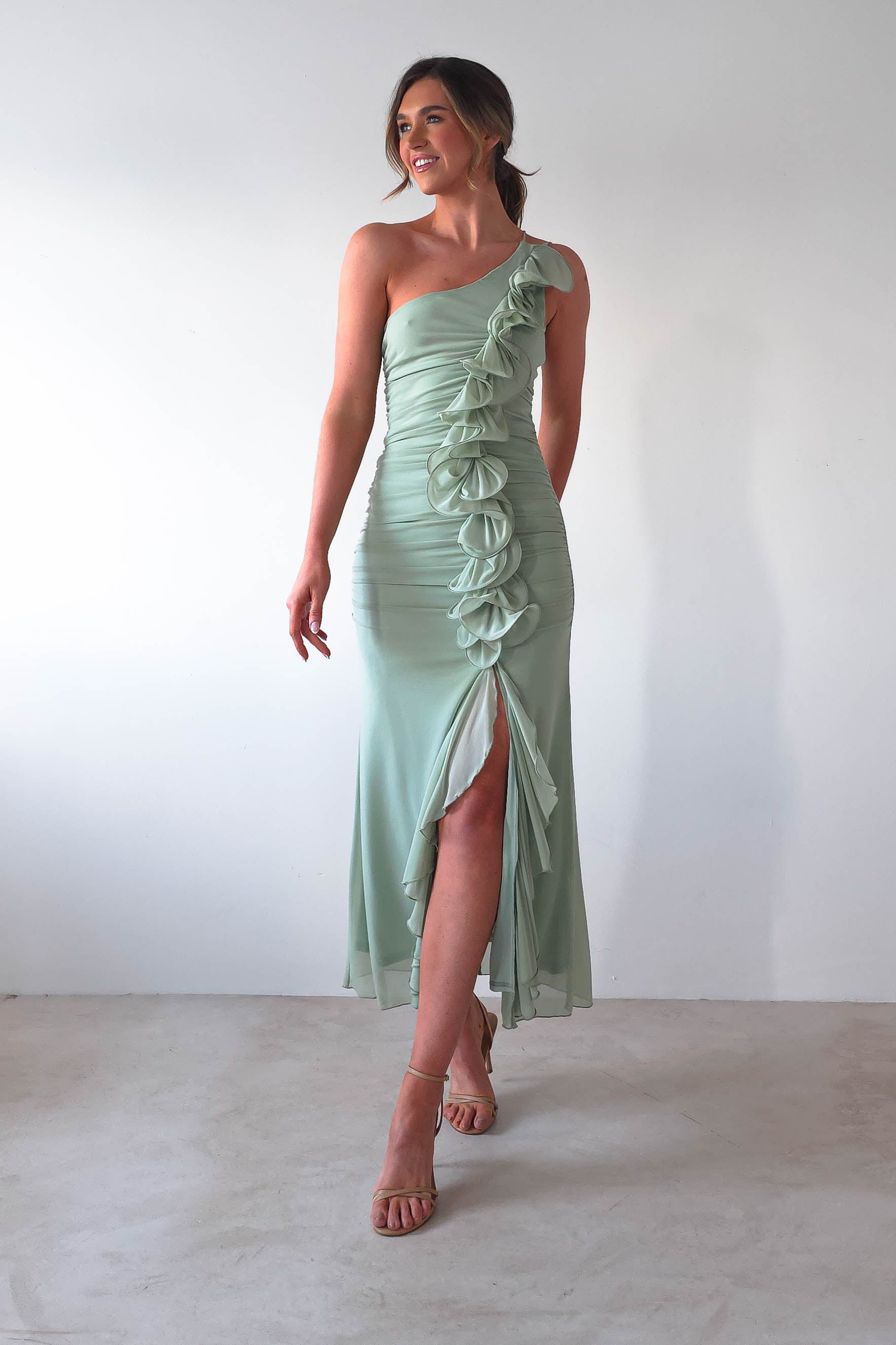 Jenkins Ruffle Midaxi Dress | Sage | Oh Hello Clothing | XS (6)