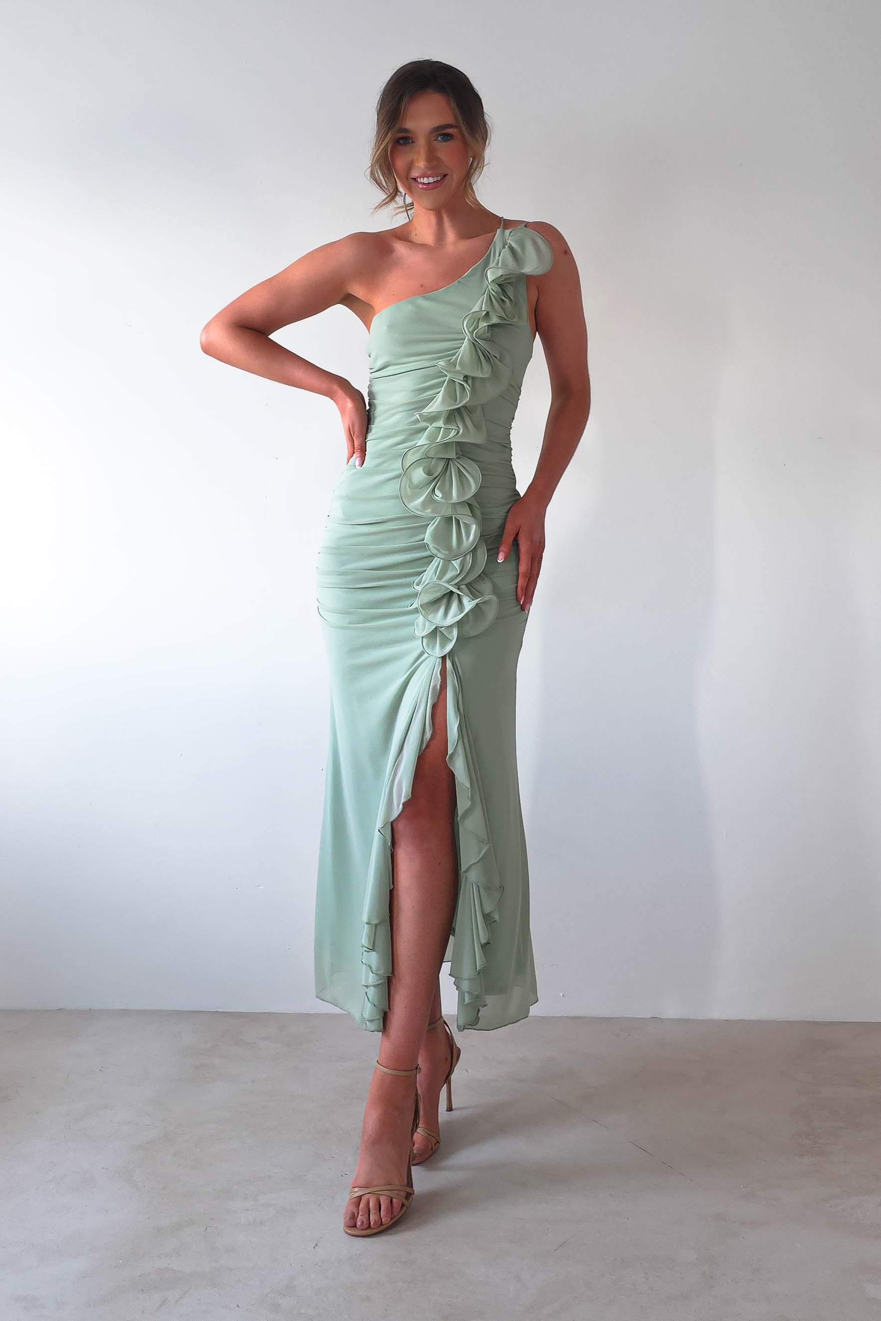 Jenkins Ruffle Midaxi Dress | Sage | Oh Hello Clothing | XS (6)