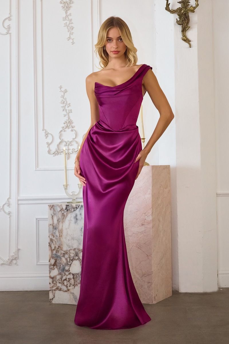 Oh Hello Clothing Dresses Jessel Satin One Shoulder Draped Maxi Gown | Berry