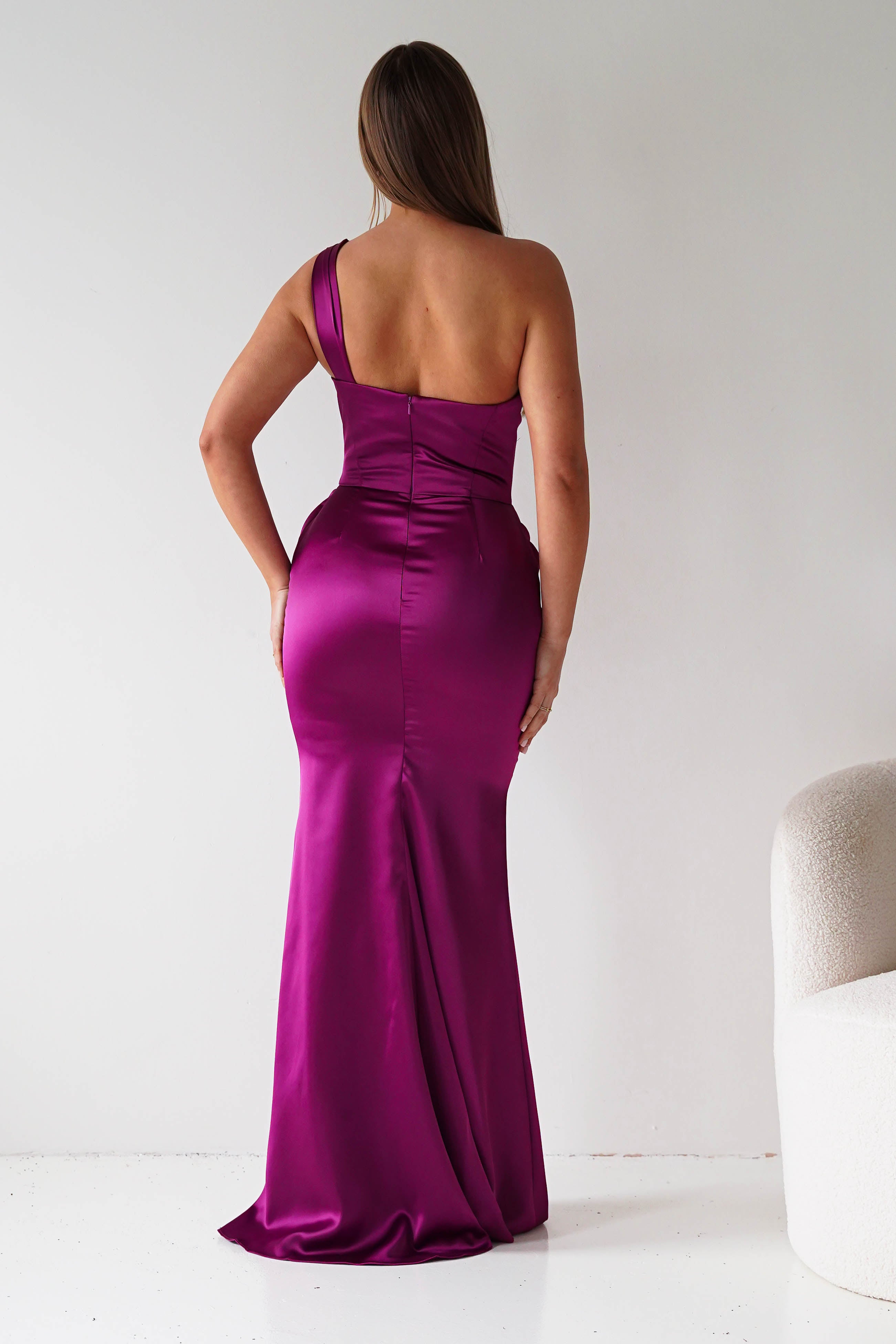 Oh Hello Clothing Dresses > Prom Dresses Jessel Satin One Shoulder Draped Maxi Gown | Berry