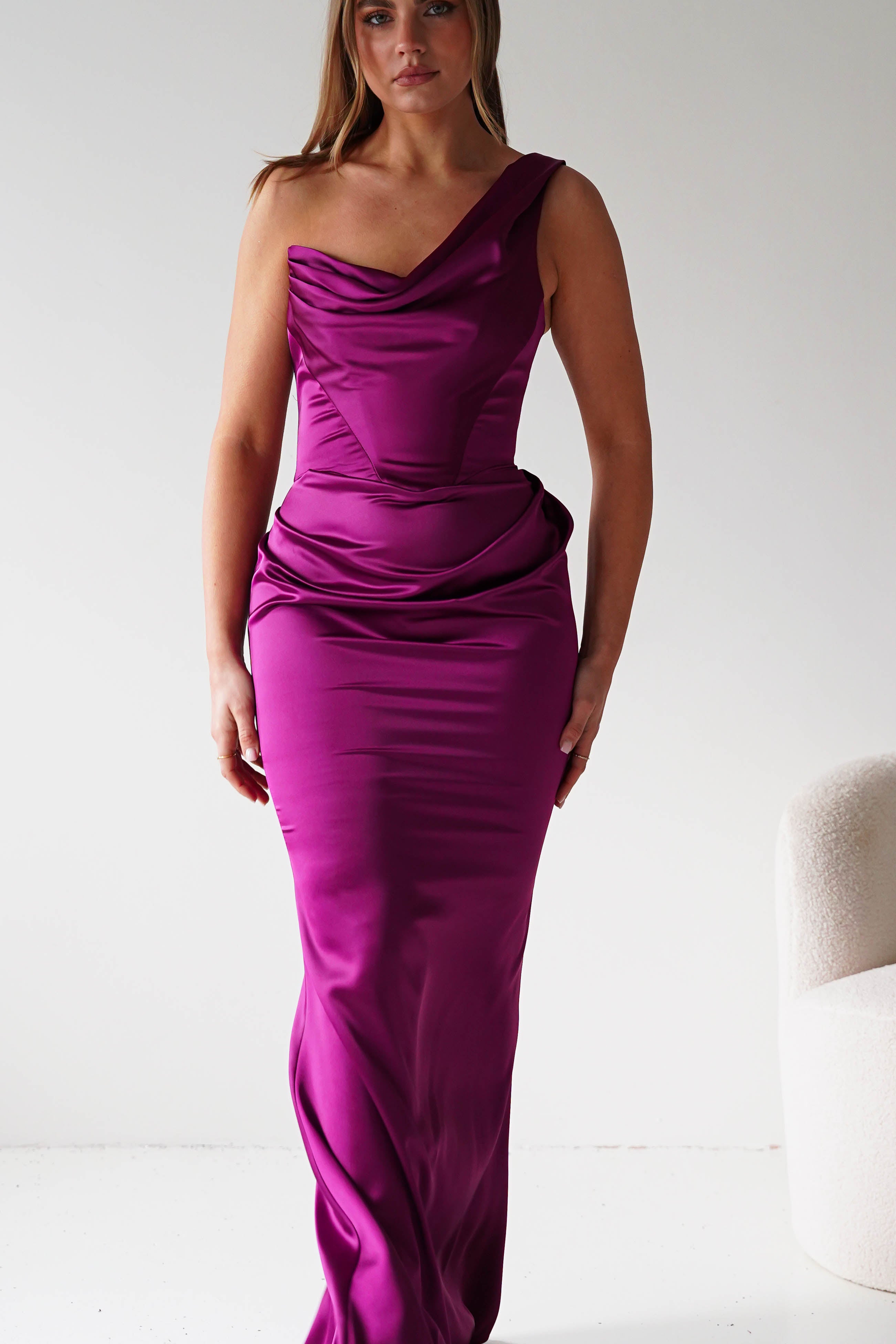 Oh Hello Clothing Dresses > Prom Dresses Jessel Satin One Shoulder Draped Maxi Gown | Berry
