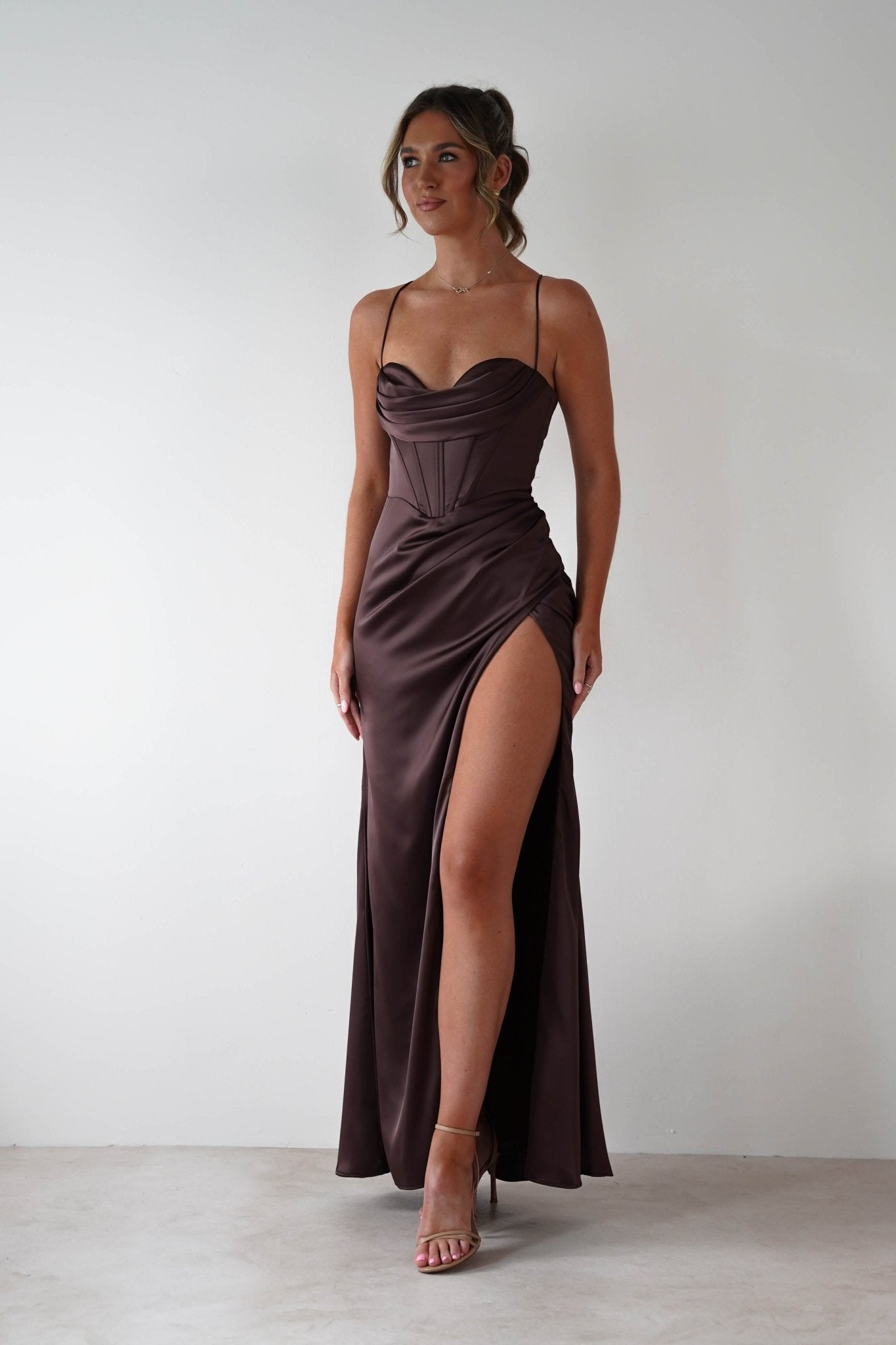 Julianne High Slit Corset Satin Gown | Brown | Oh Hello Clothing | XS (6)