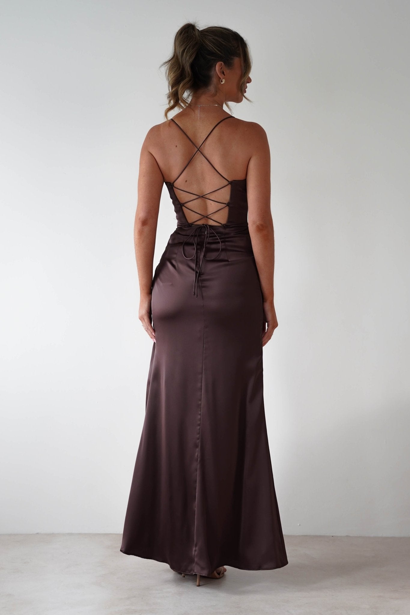 Julianne High Slit Corset Satin Gown | Brown | Oh Hello Clothing | XS (6)