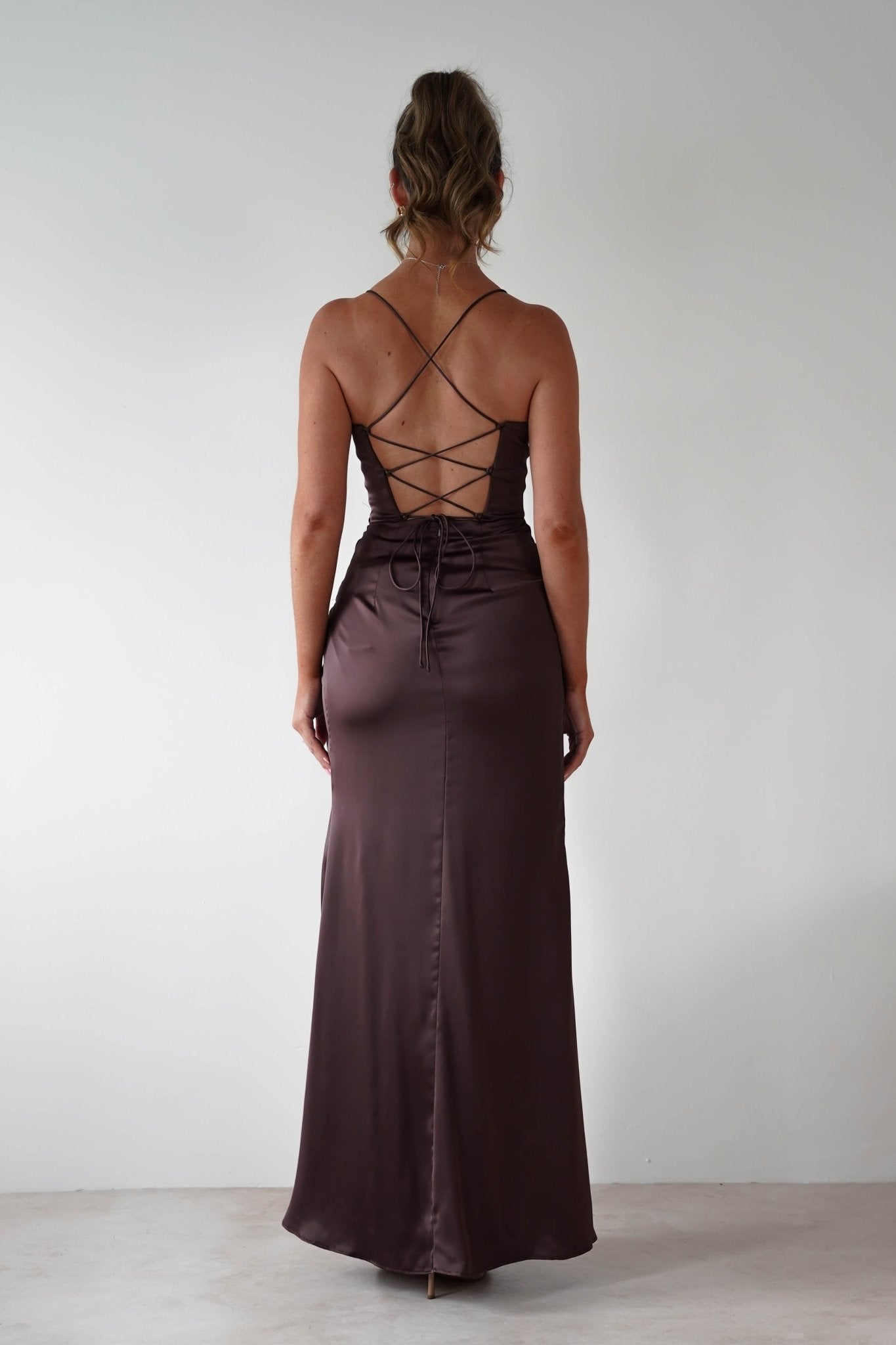 Julianne High Slit Corset Satin Gown | Brown | Oh Hello Clothing | XS (6)