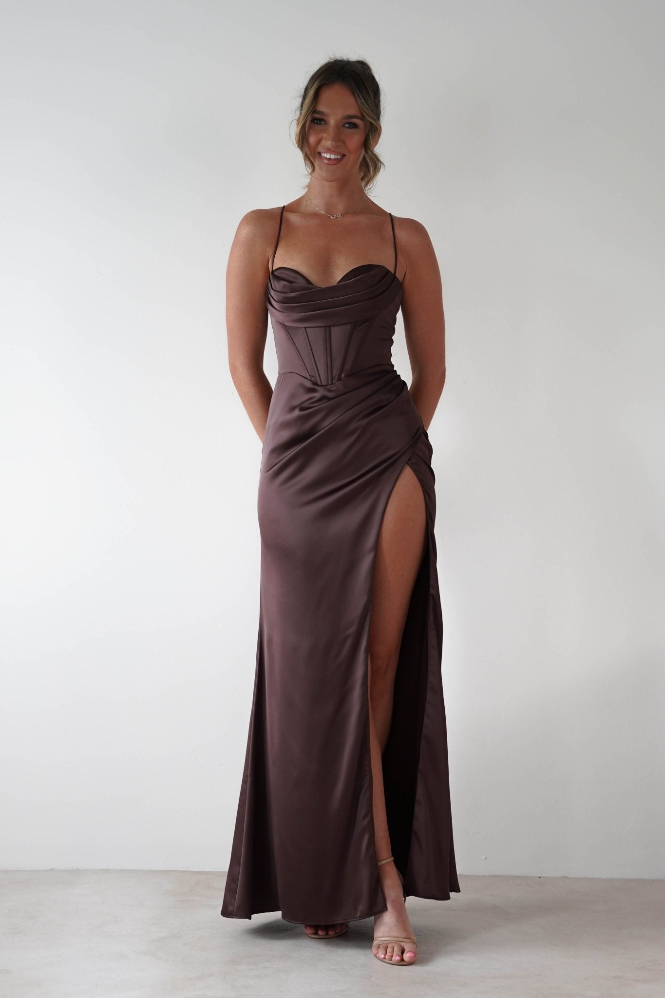 Julianne High Slit Corset Satin Gown | Brown | Oh Hello Clothing | XS (6)
