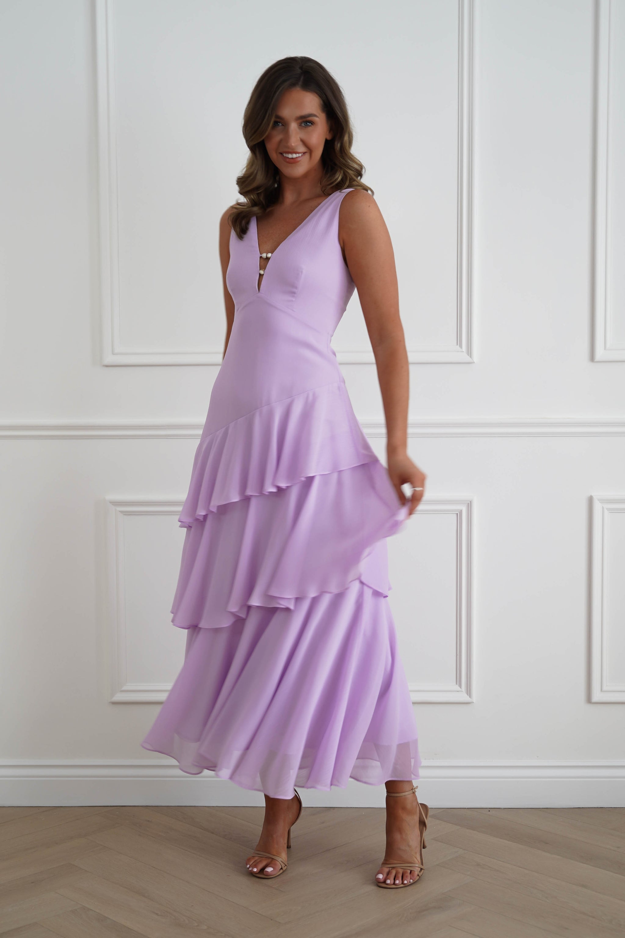 lilac maxi dress casual Tiered Wedding Guest | Karey Size::9 Sequin V-Neck Long Sleeve cocktail-dresses Size medium measures 53.75