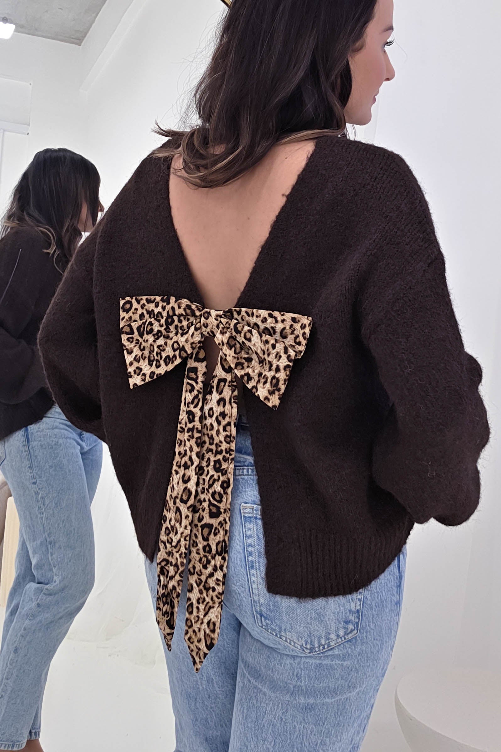 Oh Hello Clothing Women > Clothing > Knitwear ONE SIZE (6/12) Karlie Cosy Knit Jumper Leopard Bow | Brown