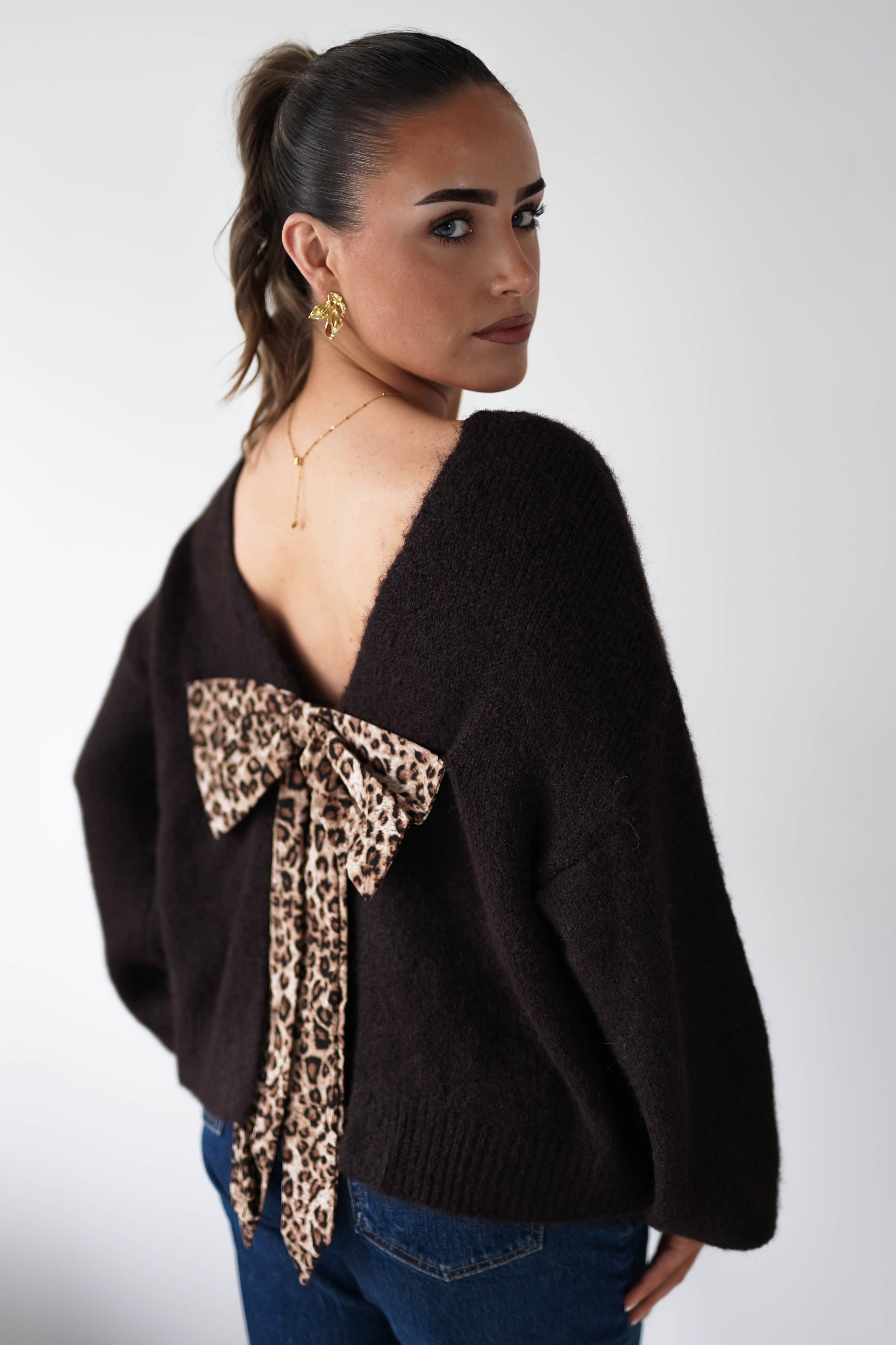 Oh Hello Clothing Women > Clothing > Knitwear ONE SIZE (6/12) Karlie Cosy Knit Jumper Leopard Bow | Brown