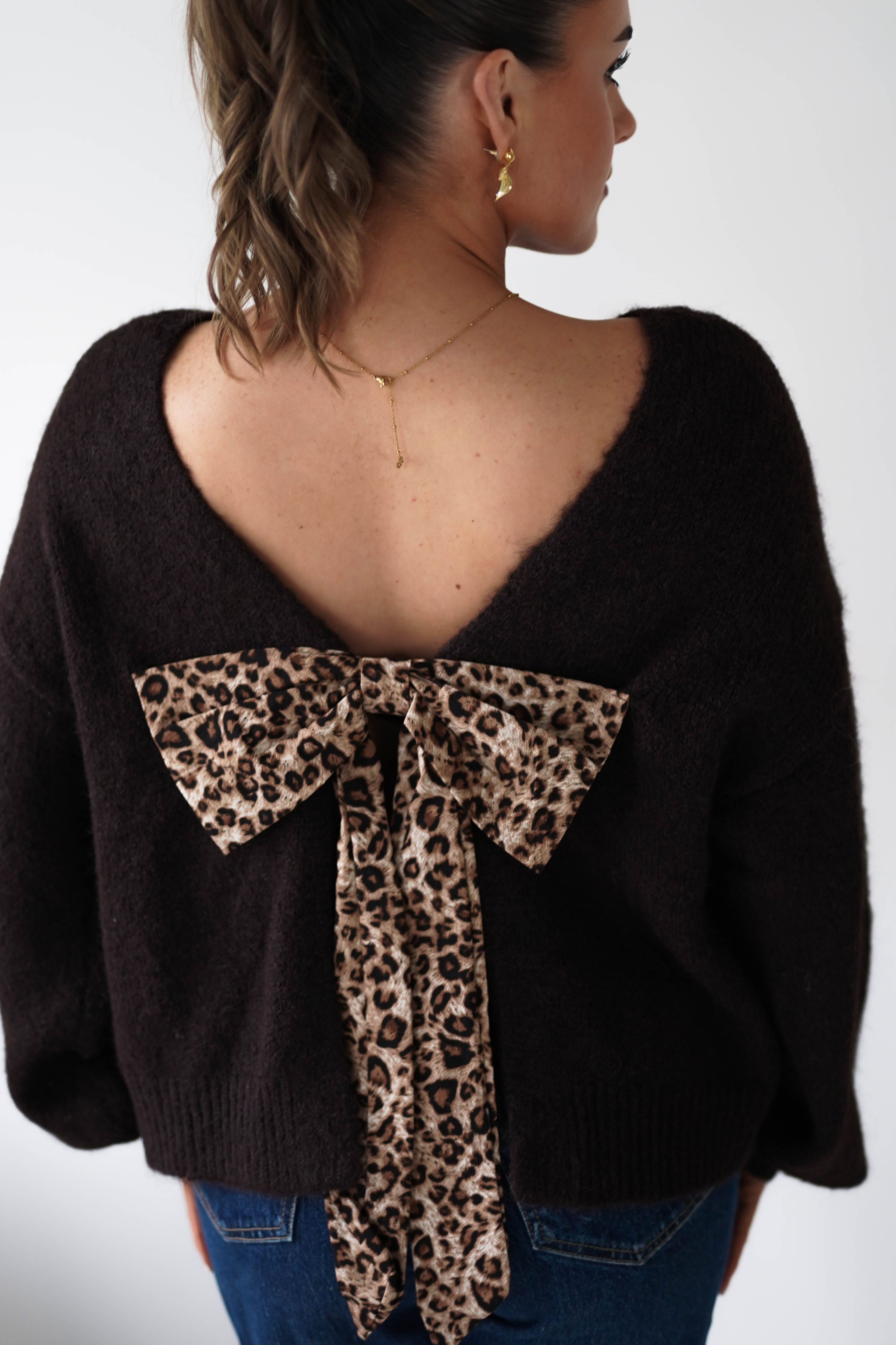 Oh Hello Clothing Women > Clothing > Knitwear ONE SIZE (6/12) Karlie Cosy Knit Jumper Leopard Bow | Brown