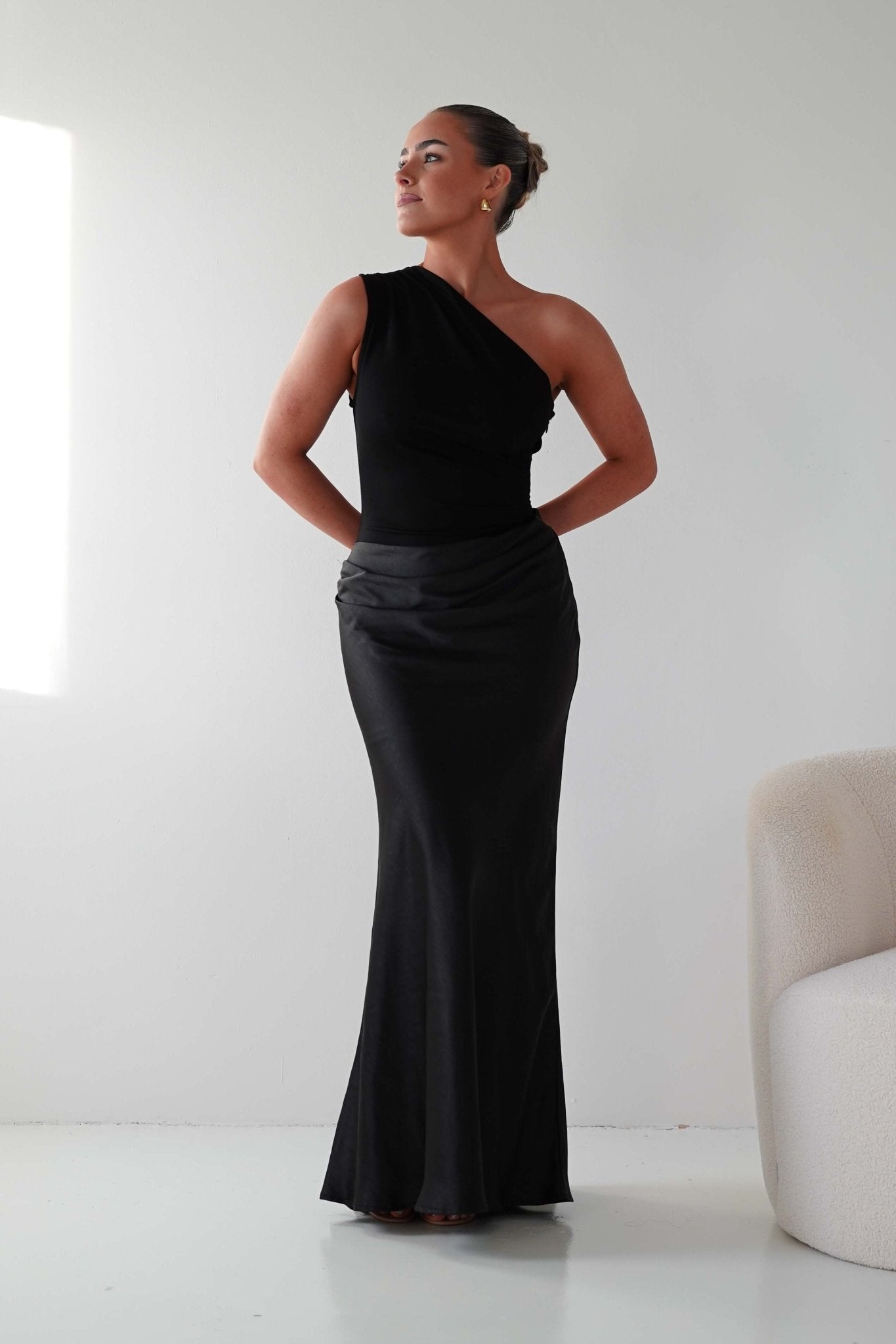 Oh Hello Clothing Wedding Guest Dresses Kashia Draped Satin Maxi Dress | Black