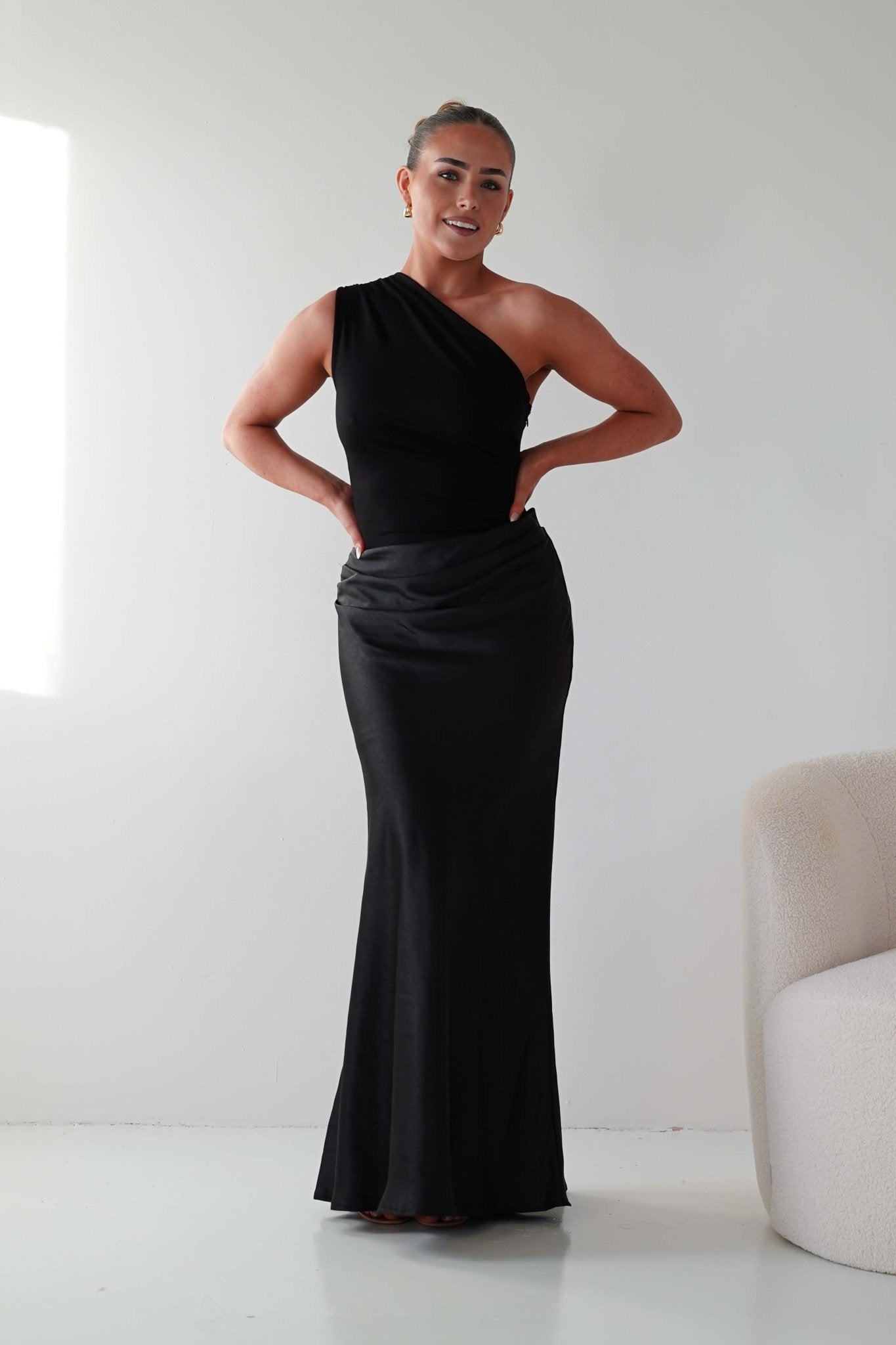 Oh Hello Clothing Wedding Guest Dresses Kashia Draped Satin Maxi Dress | Black